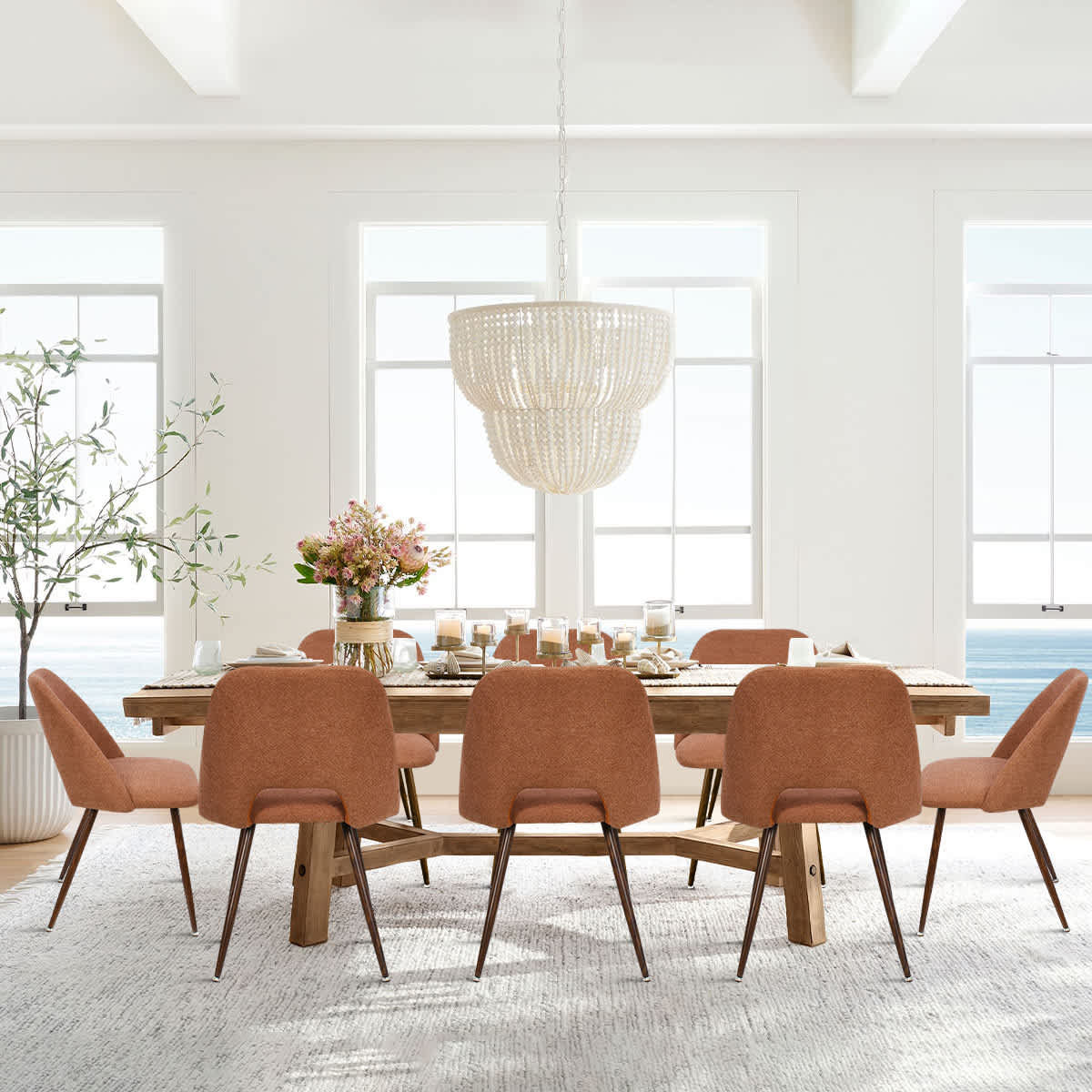 Maison Boucle EDWIN-CHAIR-TERRA-8 Set of 8 Modern Terra Upholstered Dining Chairs with Curved Back and Walnut Metal Legs for Kitchen