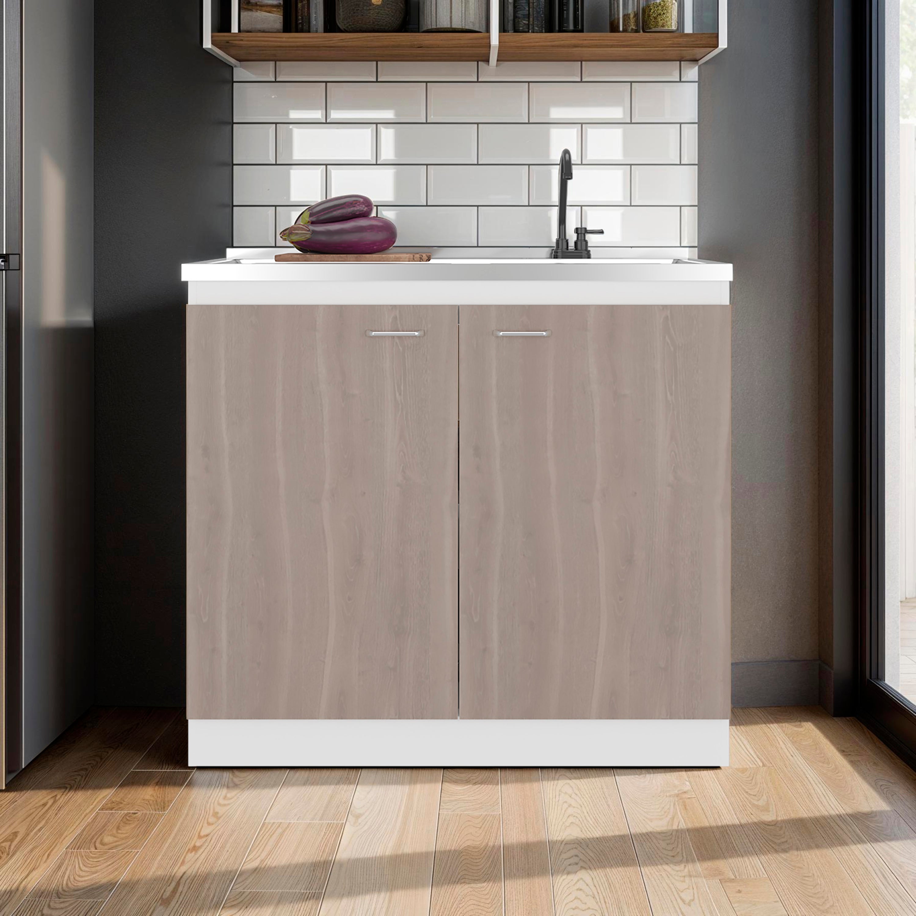 LOVMOR  39.4-in x 20.6-in White and Gray Utility Sink with Cabinet with 2 Doors with 3 Shelves