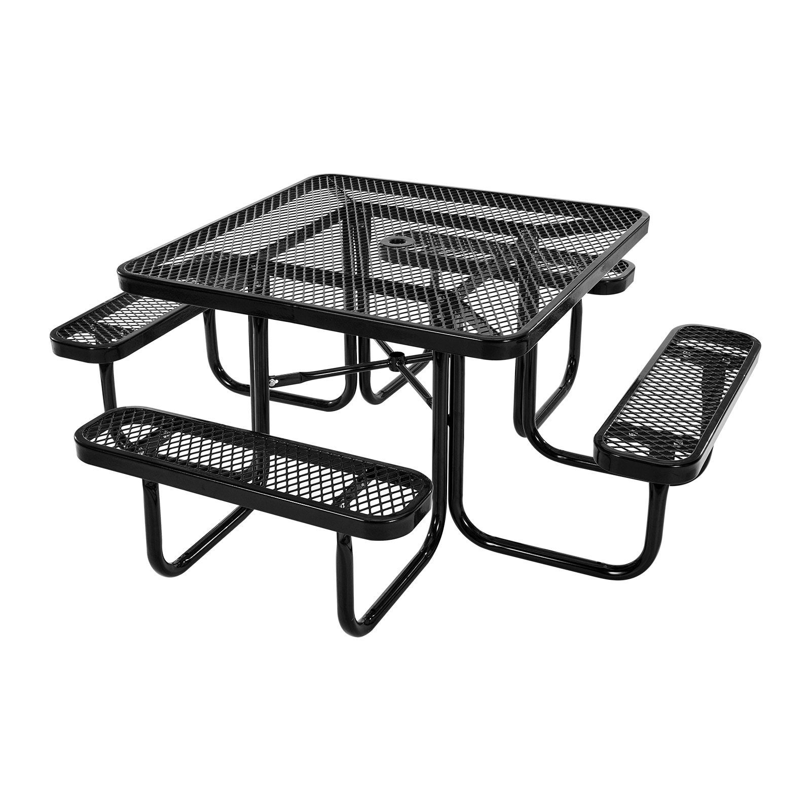 VEVOR Picnic Table Outdoor Weather Resistant Patio Dining Furniture Set Heavy Duty Coated Steel Tables with Umbrella Hole 45.7 in Square Table and Bench Set for Garden Backyard Porch Black