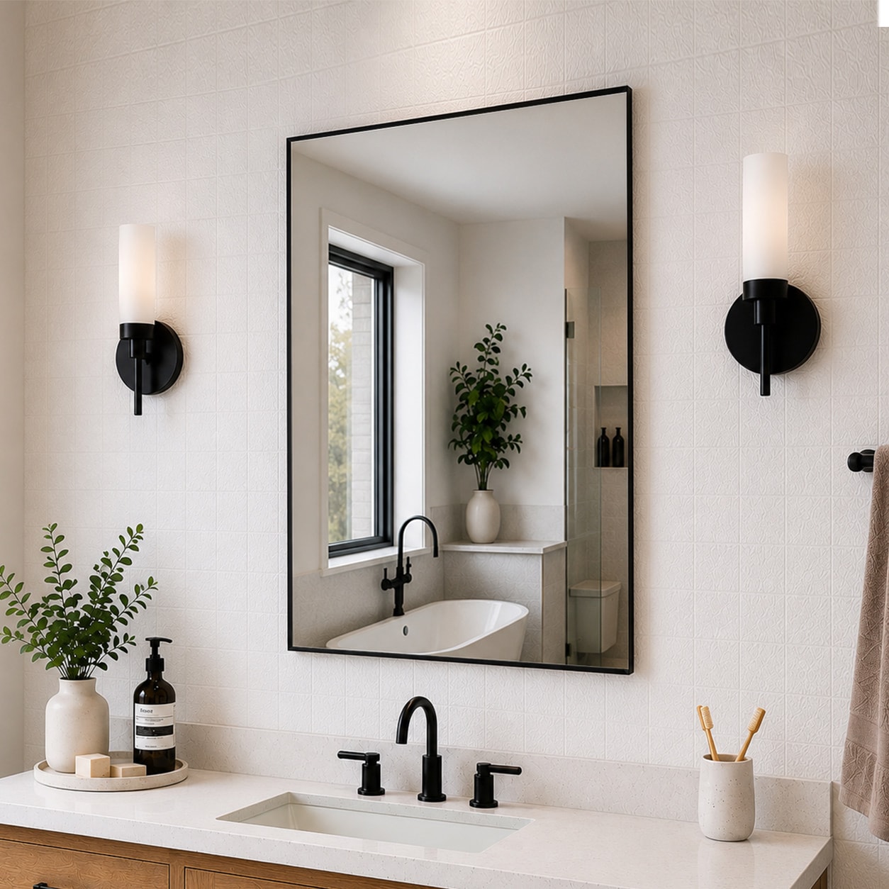TaiMei 36-in x 30-in Framed Rectangle Bathroom Vanity Mirror ( Matte Black ) #TLM-3630BL
