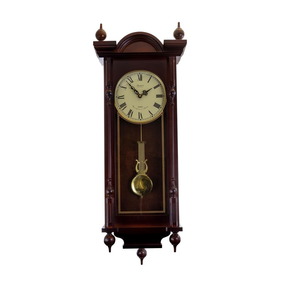 Bedford Clock Collection Grand 31 Inch Antique Mahogany Cherry Oak Chiming Wall Clock with Roman Numerals - Large Wood Indoor Rectangle Clock in Brown -  84997152M