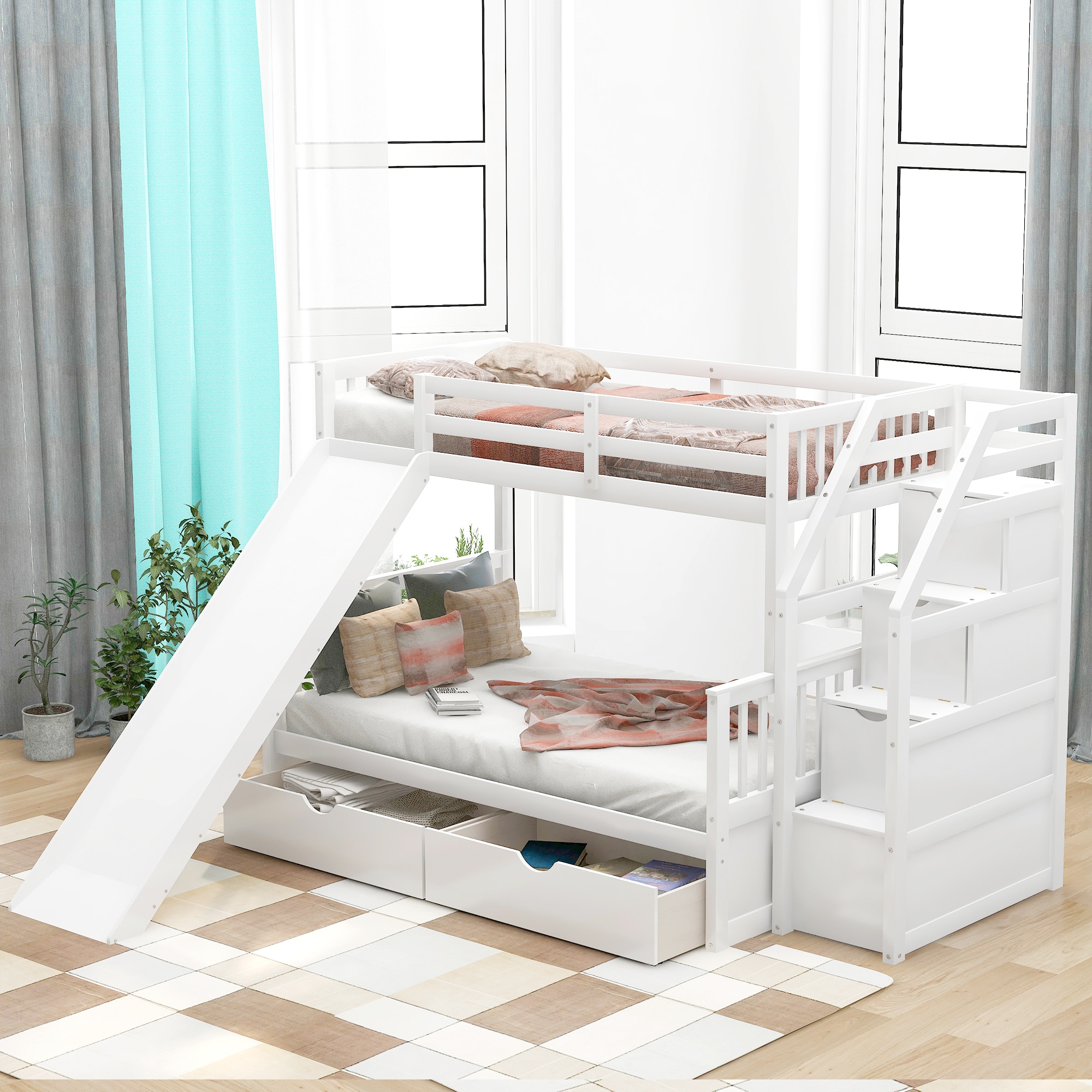 ModernLuxe SM000109AAK-1 Twin over Full Bunk Bed with DrawersStorage and Slide Multifunction White