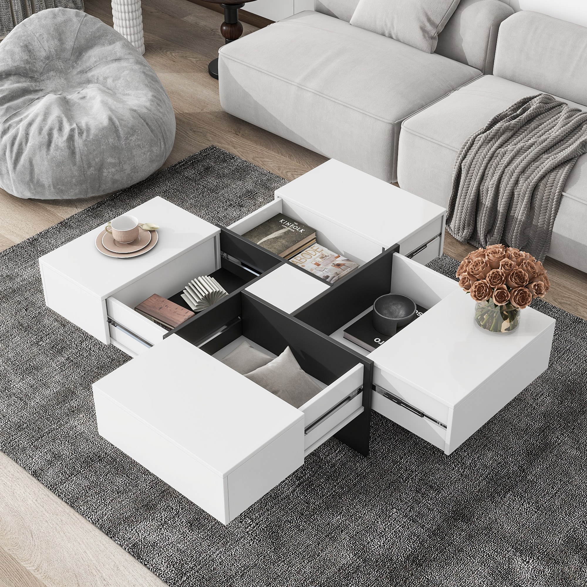 ModernLuxe WF305182AAK Unique Design Coffee Table with 4 Hidden Storage Compartments Square Cocktail Table with Extendable Sliding Tabletop UV Highgloss Design Center Table for Living Room