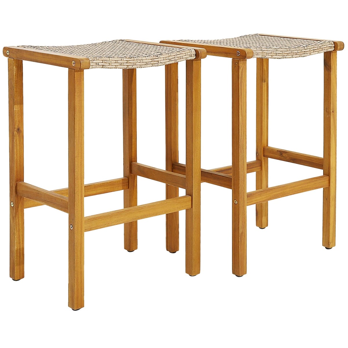 Costway HW71480-2 2PCS Patio PE Wicker Bar Stools with Acacia Wood Frame Bar Height Chairs Poolside