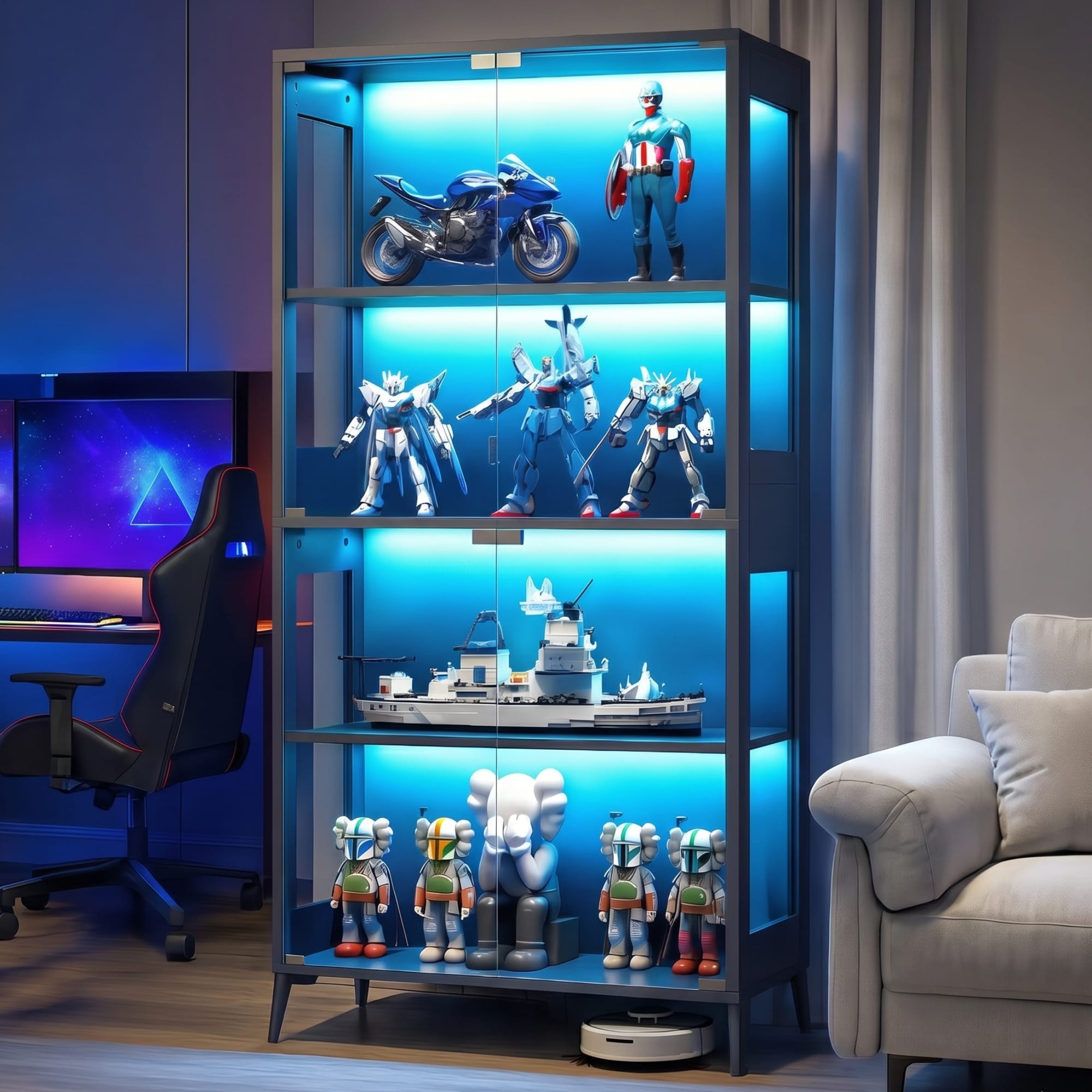 Wooakway Black Glass Display Cabinet with Adjustable Shelves and LED Lights