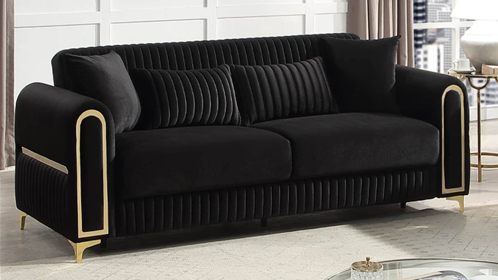Galaxy - 88.4-in W Modern Black Velvet Sofa