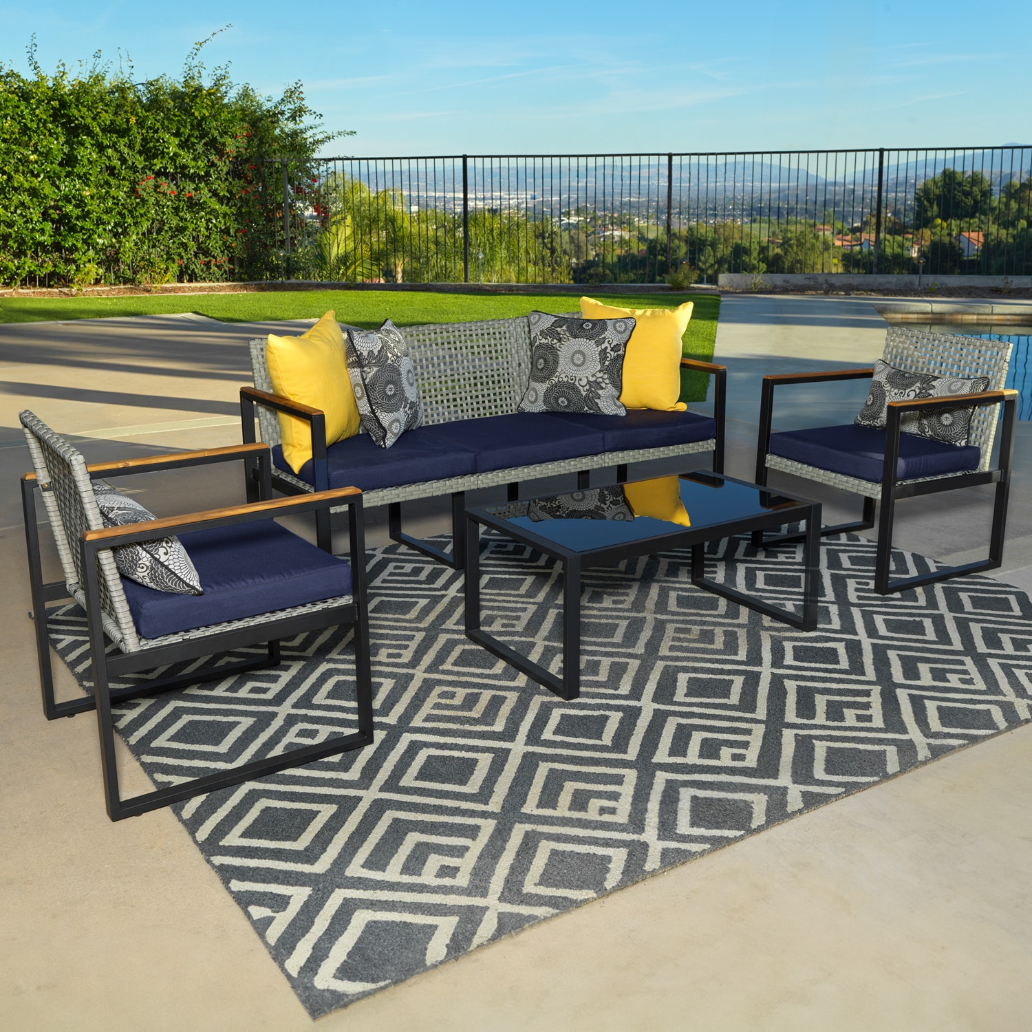 Kinger Home PFS-001 KEATON 4-Piece Rattan Patio Sofa Conversation Set with Blue Cushions