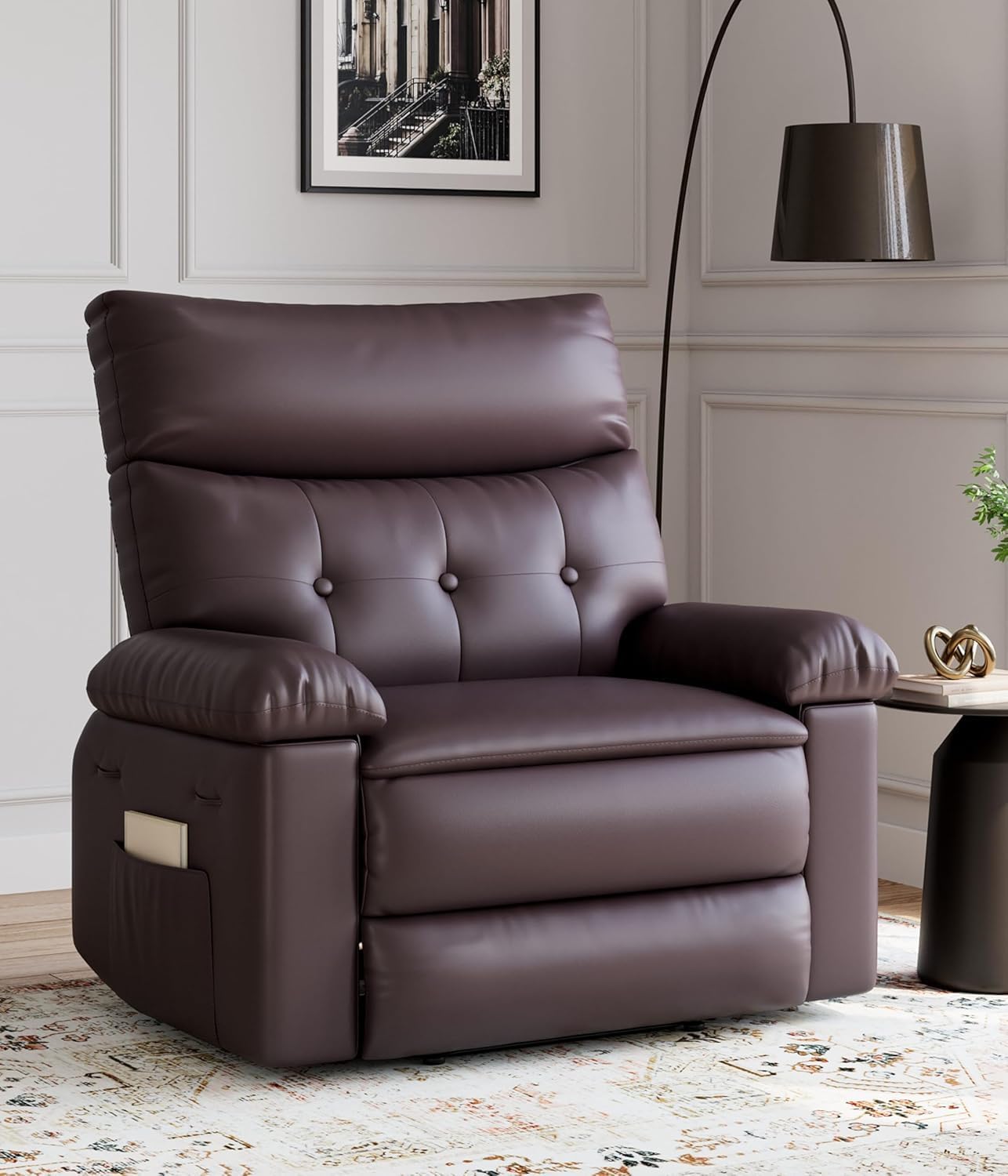 Qeetex ABODE-PHOXGBX 27 Inch Oversized Vintage PU Leather Massage Recliner With Heating Vibrating Functions Cup Holders Side Pockets Ergonomic Design Wood Frame Durable Construction For Living Room Bedroom Coffee Two Color Retro