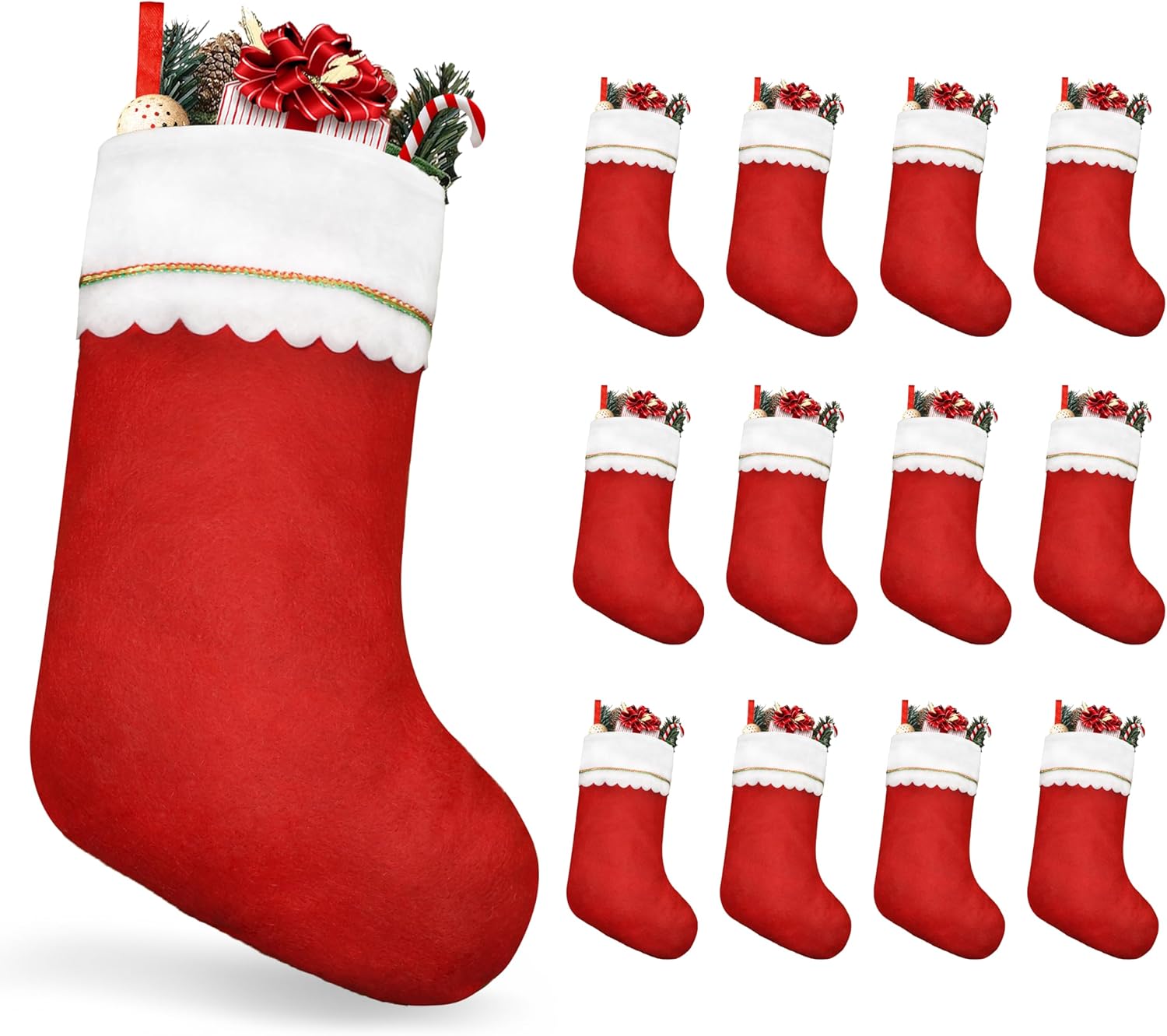 Etokfoks  12 Pack 19 Inch Red and White Christmas Stockings with Gold Trim Bulk Holiday Stockings for Fireplace Staircase or Tree Decoration