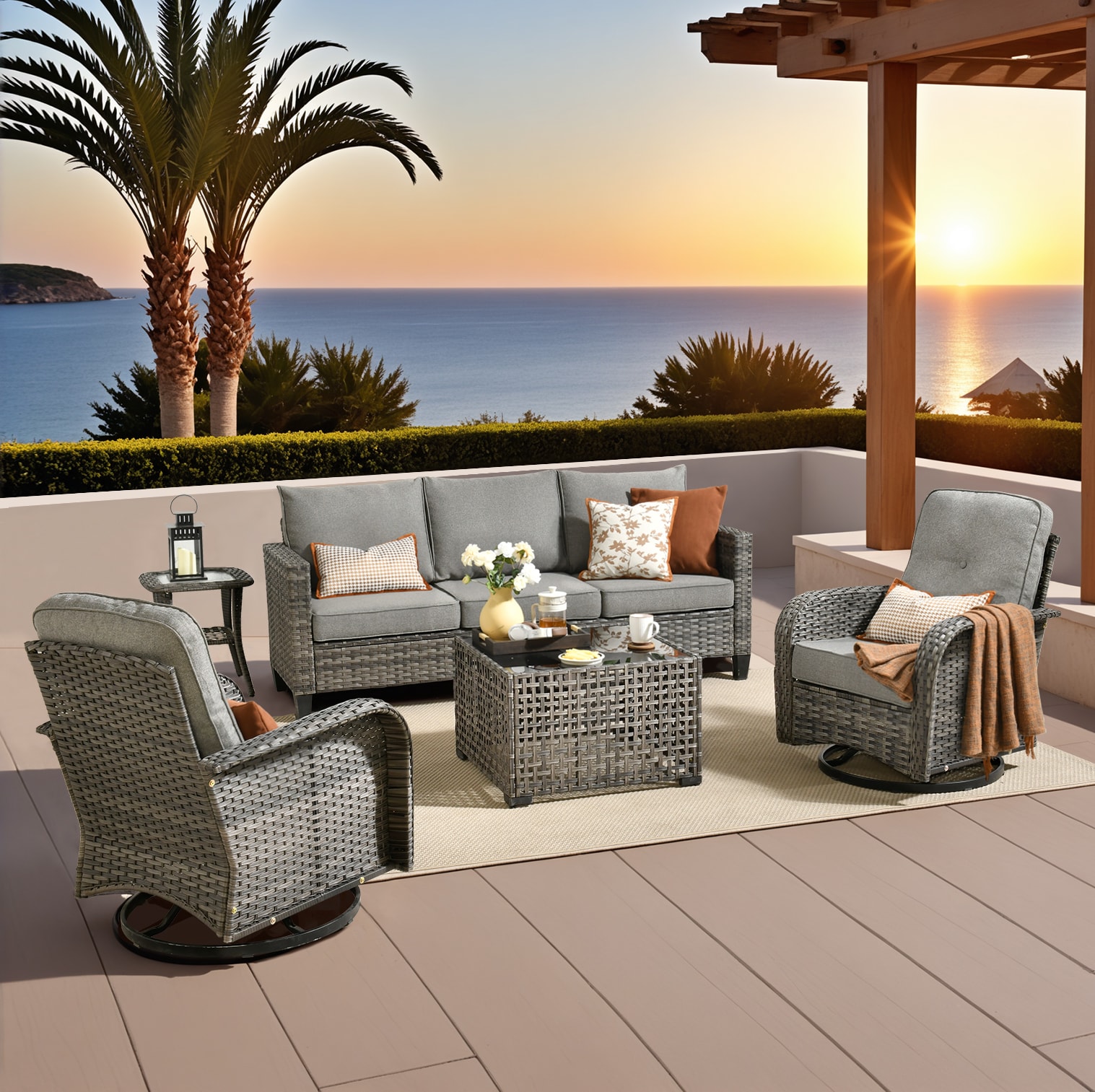 Pouuin SYZGNC205 5 -Piece Wicker Patio Sofa Conversation Set with Dark Gray Cushions