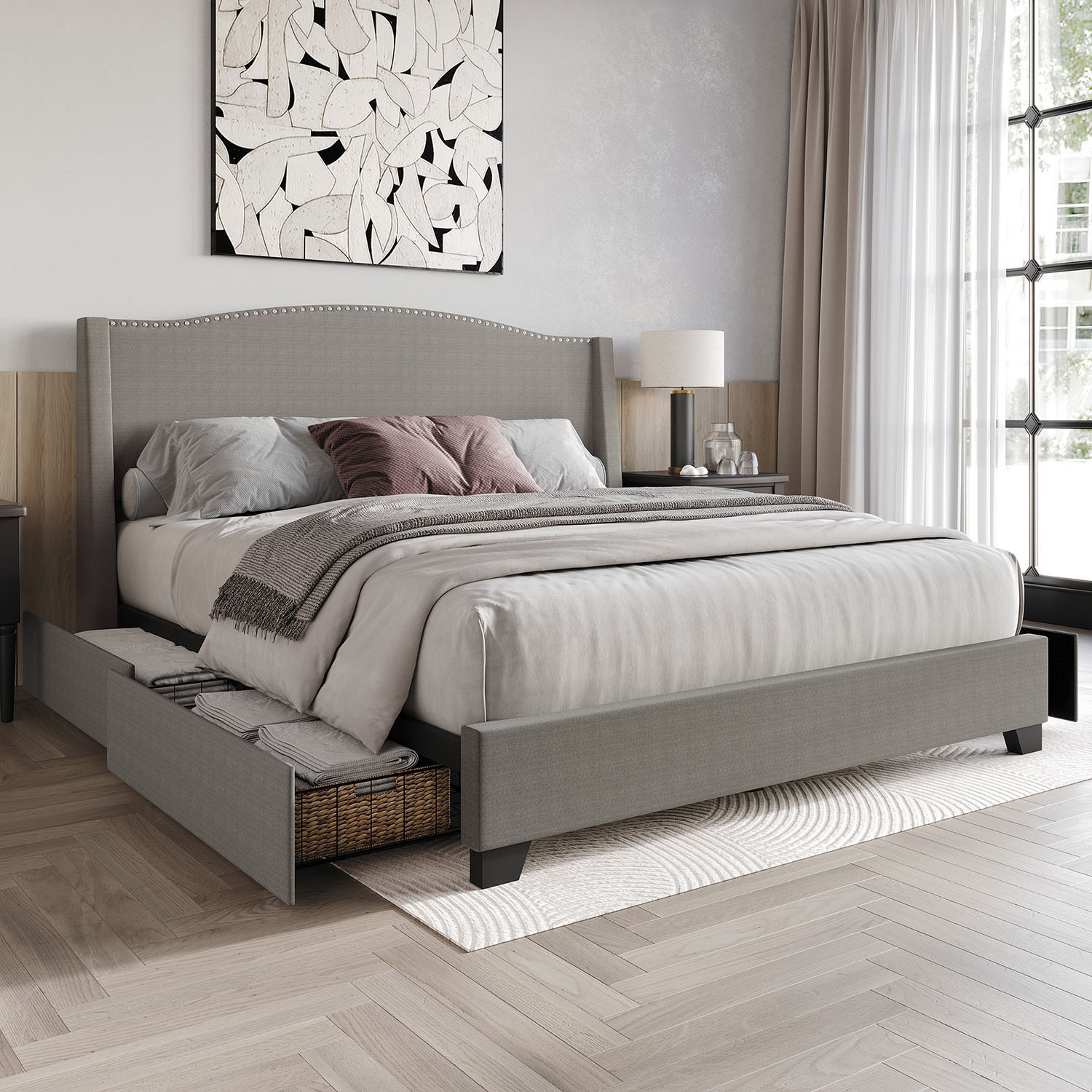 CasePiece C8530QPLS-LGY-LN Light Grey Queen Wood Platform Bed with Storage