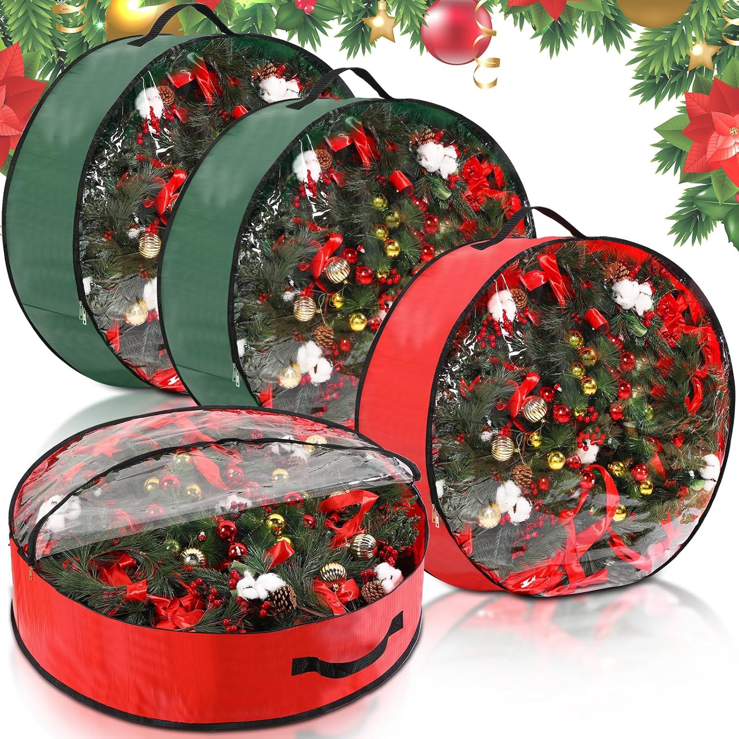 Misopily 4 Pack Christmas Wreath Storage Bags 24 x 24 x 7.8 Inch Red Green Oxford Cloth Clear Window Handle for Holiday Decoration Organization