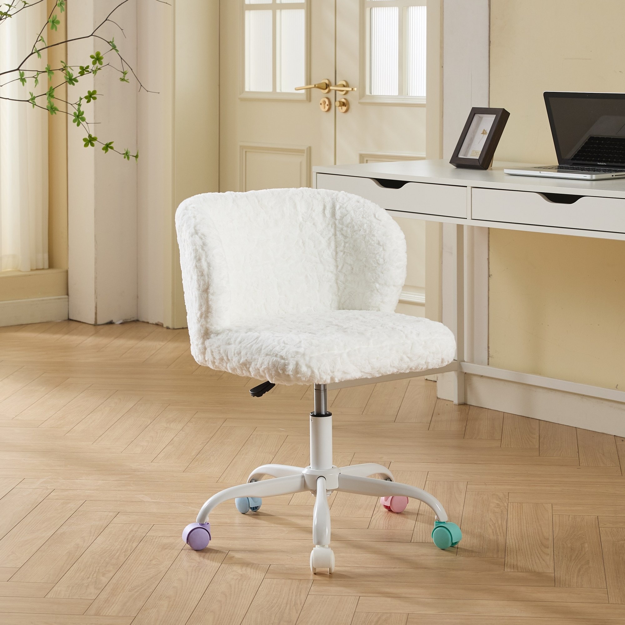 HyperDrop Cart Artificial Rabbit Hair Home Office Chair with Metal Base Adjustable Desk Chair Swivel Office Chair Vanity Chair Ivory