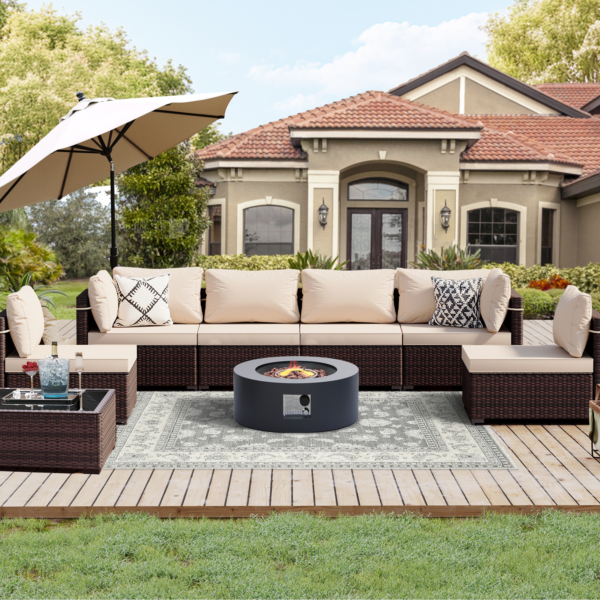 UPHA PL-2CZ-28DK-Z1 Brown Wicker Patio Furniture Set 8 -Piece Wicker 4 Patio Sofa Conversation Set with Beige Cushions