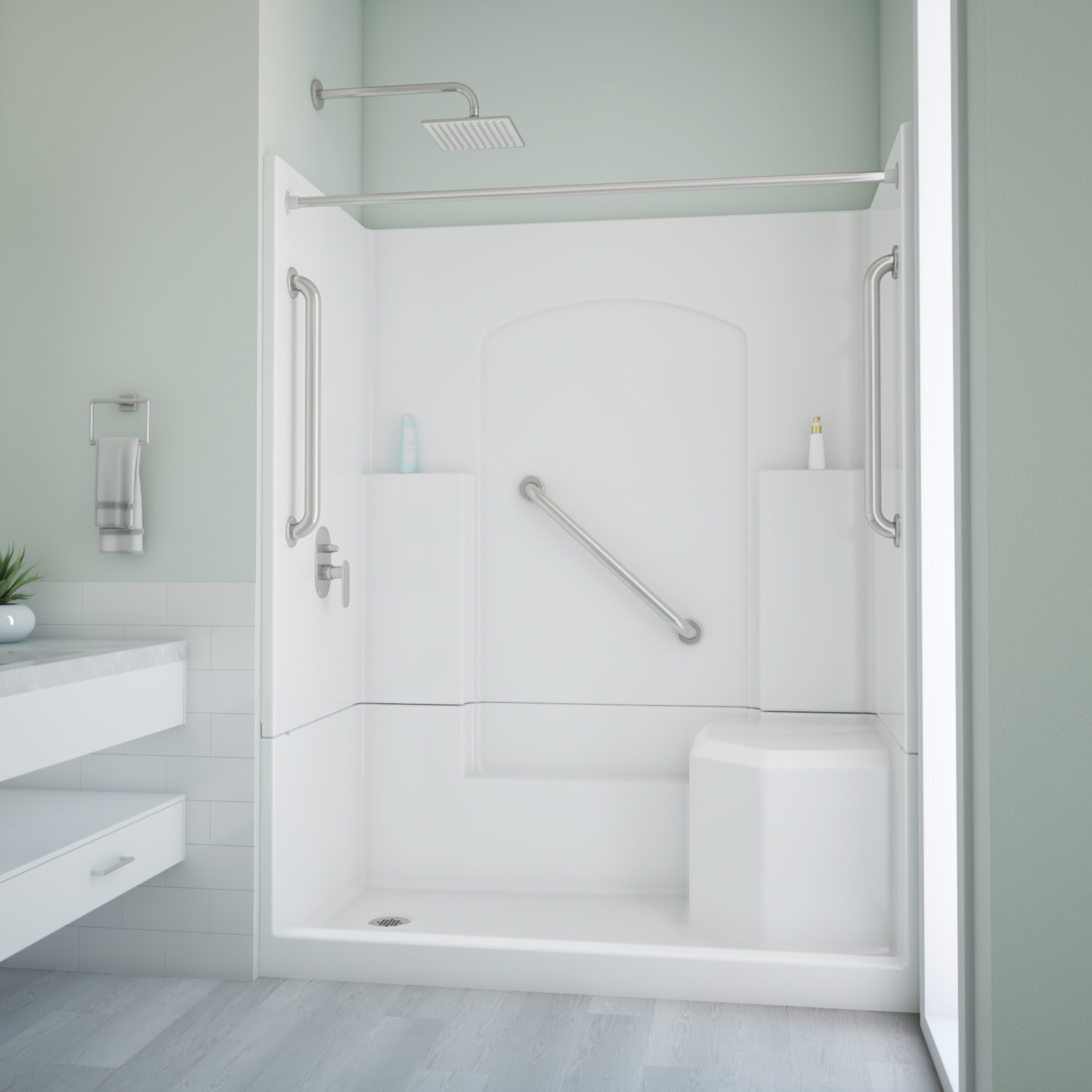 Laurel Mountain L3260SH1S4PRWB2 Ramer 4 -Piece 32-in W x 60-in L x 77-in H Alcove shower kit ( Left Drain) with Integrated Seat Base and Wall Included and Drain Included Brushed nickel Hardware Included
