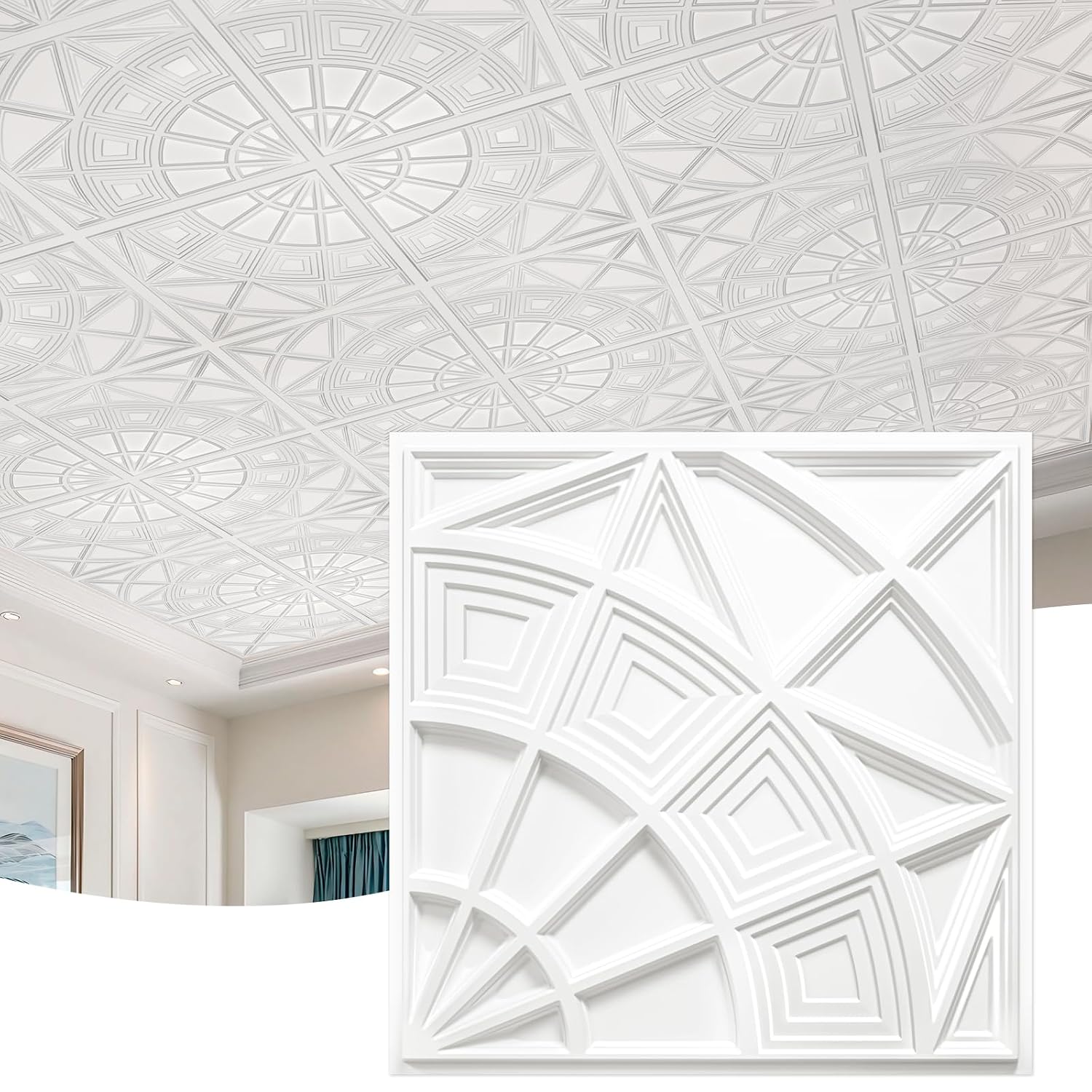 Luupatchy 3D Geometric Textured PVC Ceiling Tiles 24x24 Inch Waterproof Drop-In or Glue-Up Sunburst Pattern 12 Pack White 48 Sq Ft Coverage