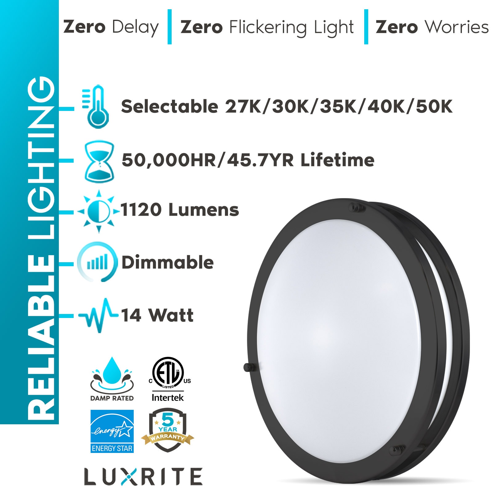 Matte Black Luxe LED Flush Mount Ceiling Light, 5-Color Temperature Selectable