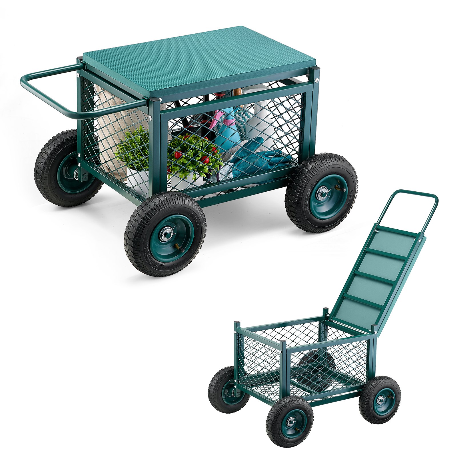 Mecale - 4-in-1 Metal Rolling Garden Cart with Seat 8-in Rubber Wheels 400-lb Capacity Green