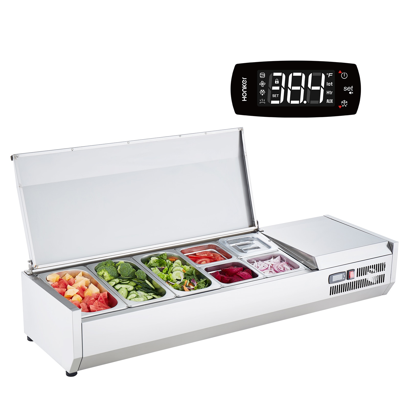 SVOPES SCBXGZLZDWT503191V1 Refrigerated Condiment Prep Station 140 W Countertop Refrigerated Condiment Station with 3 1/3 Pans and 4 1/6 Pans 304 Stainless Body and PC Lid Sandwich Prep Table with Stainless Guard ETL