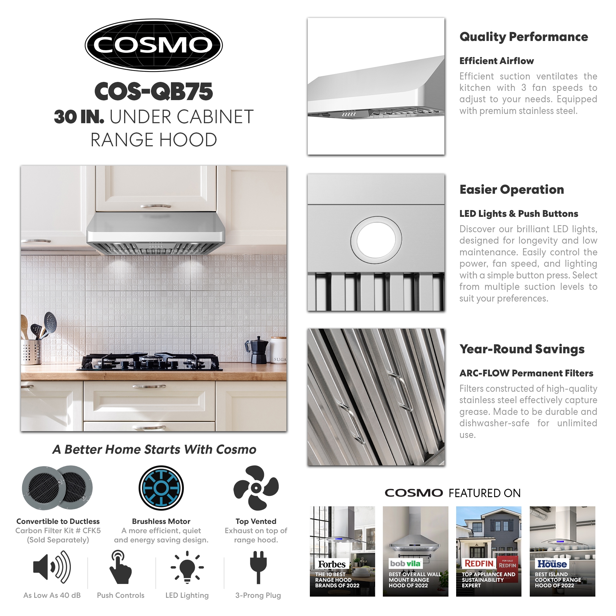Cosmo Qs75 30-in 500-CFM Ducted Stainless Steel Under Cabinet Range Hoods  Undercabinet Mount