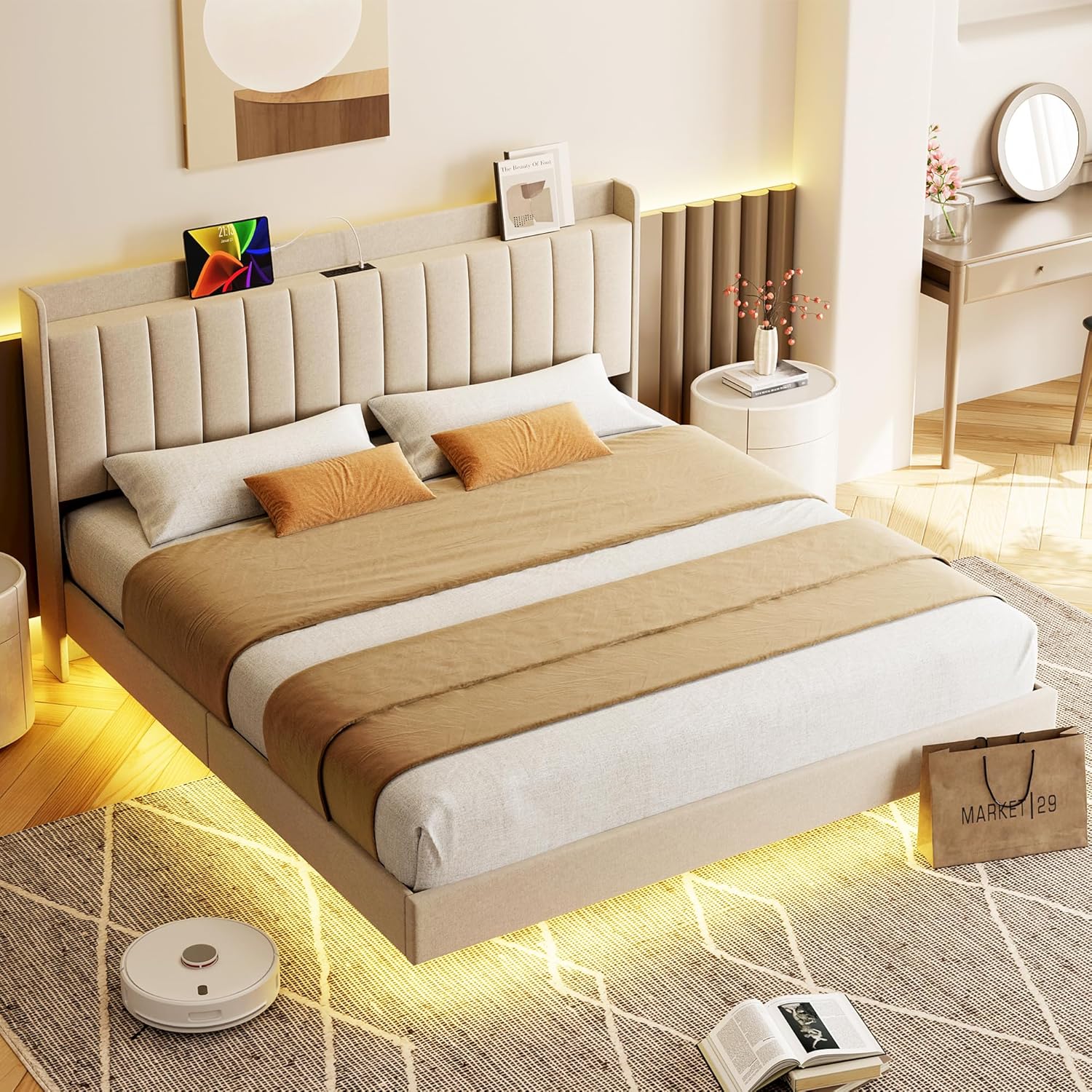 Qeetex LHF-BED-PHO-10OMZFZ4 Floating Bed Frame King Size with LED Lights Upholstered Platform Bed Frame with Charging Station and Storage Headboard No Box Spring Needed Beige