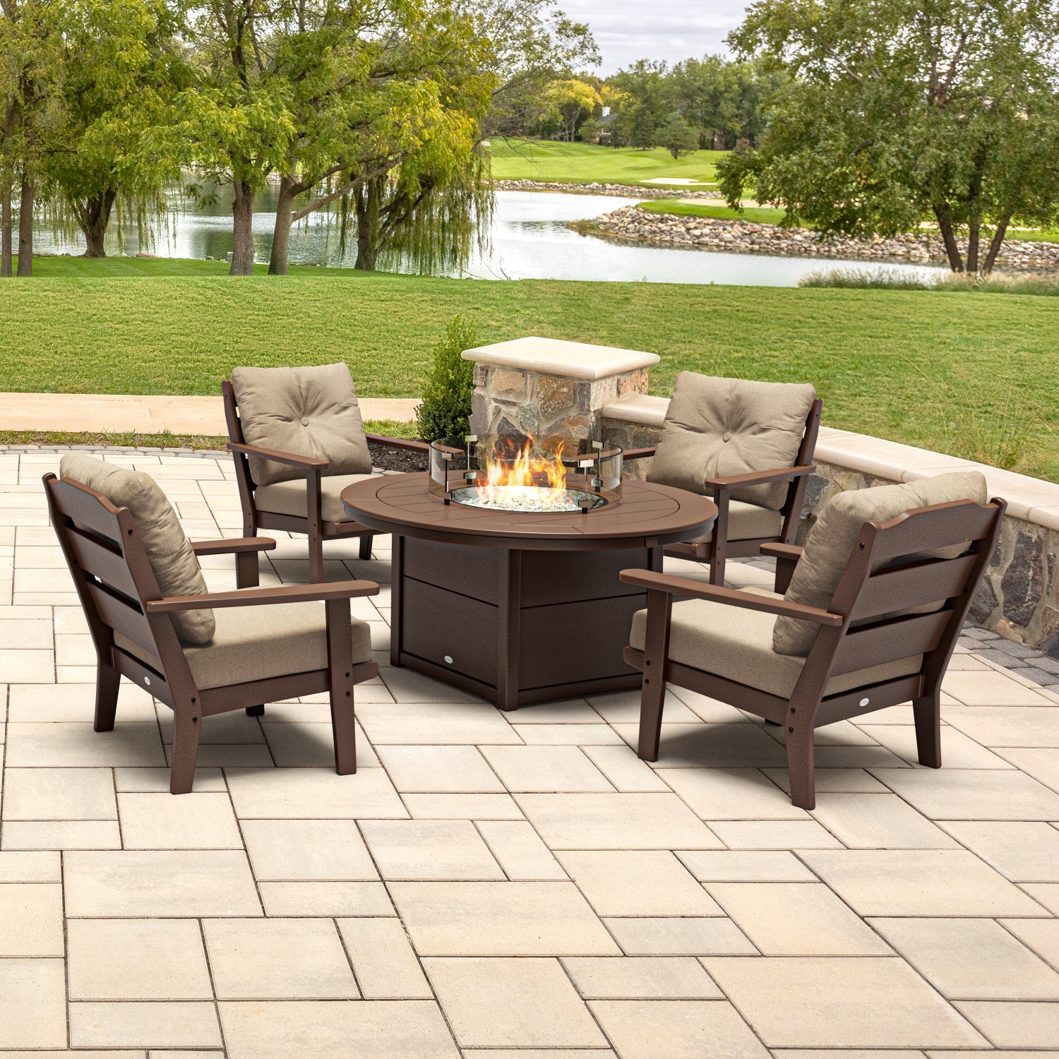allen + roth by POLYWOOD PWS734-2-MA146010 Oakport 5 -Piece Patio Conversation Set with Brown Revolution Cushions