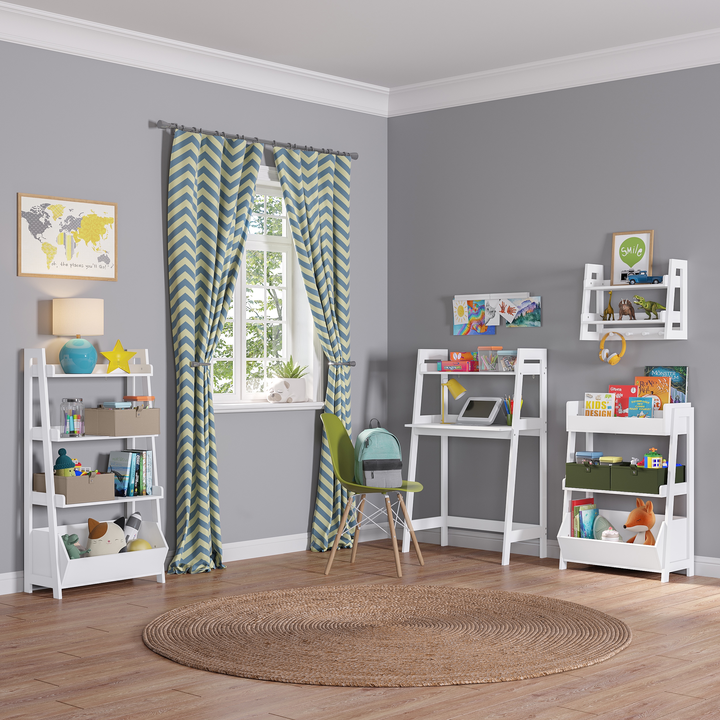 RiverRidge White with 2 Olive Bins Kids Ladder Bookcase (24-in W x 45.31-in  H x 13.31-in D) in the Kids Bookcases department at