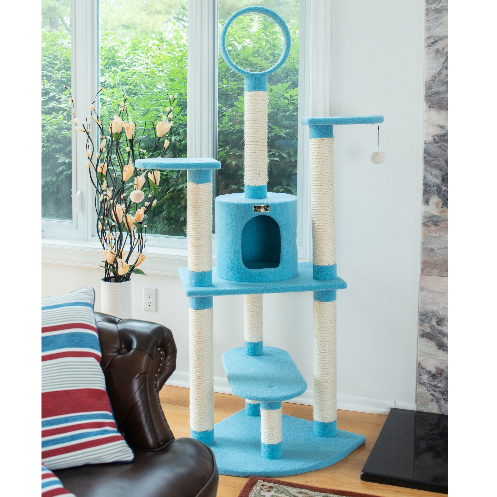 Sky Blue 65-Inch Faux Fleece and Sisal Cat Tree