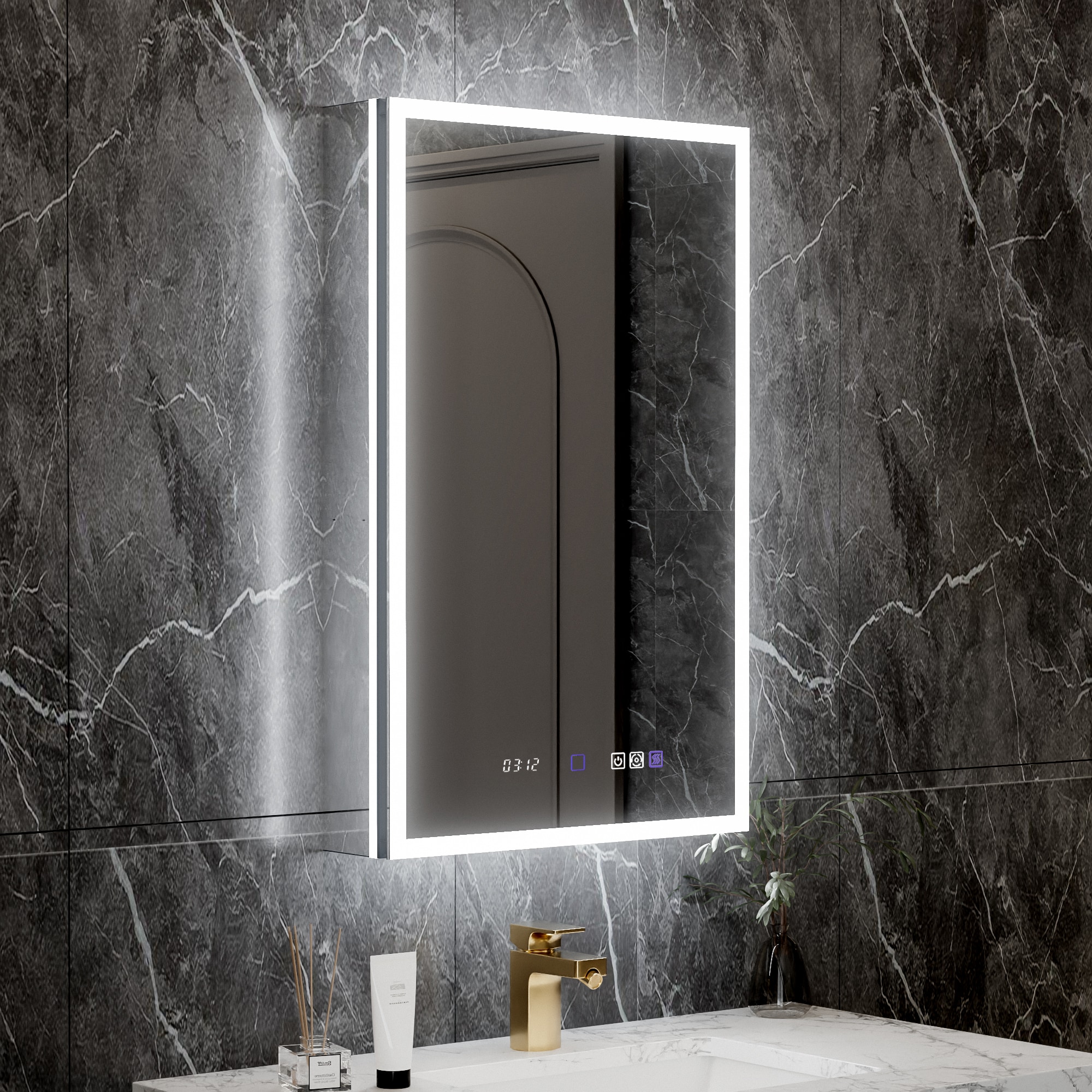 AAZJ JDEX-V12MED2032L V12 LED Medicine Cabinet 20-in x 32-in Lighted LED Fog Free Surface/Recessed Mount Silver Mirrored Rectangle Medicine Cabinet with Outlet