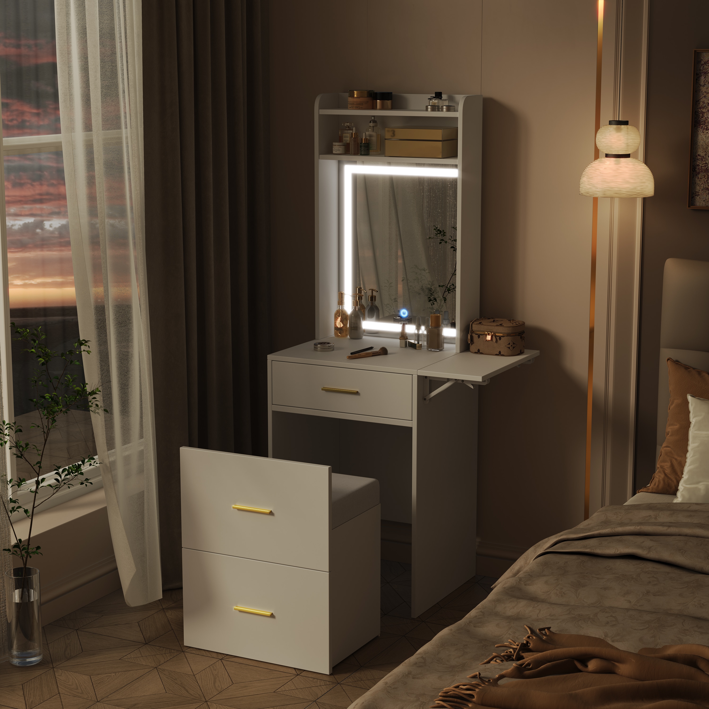 ModernLuxe N704P210497K Small Vanity Desk with Mirror and Light Dressing Table with Charging Station  Foldup Panel for Small Space Compact Makeup Vanity Set with Hidden Stool for Bedroom White