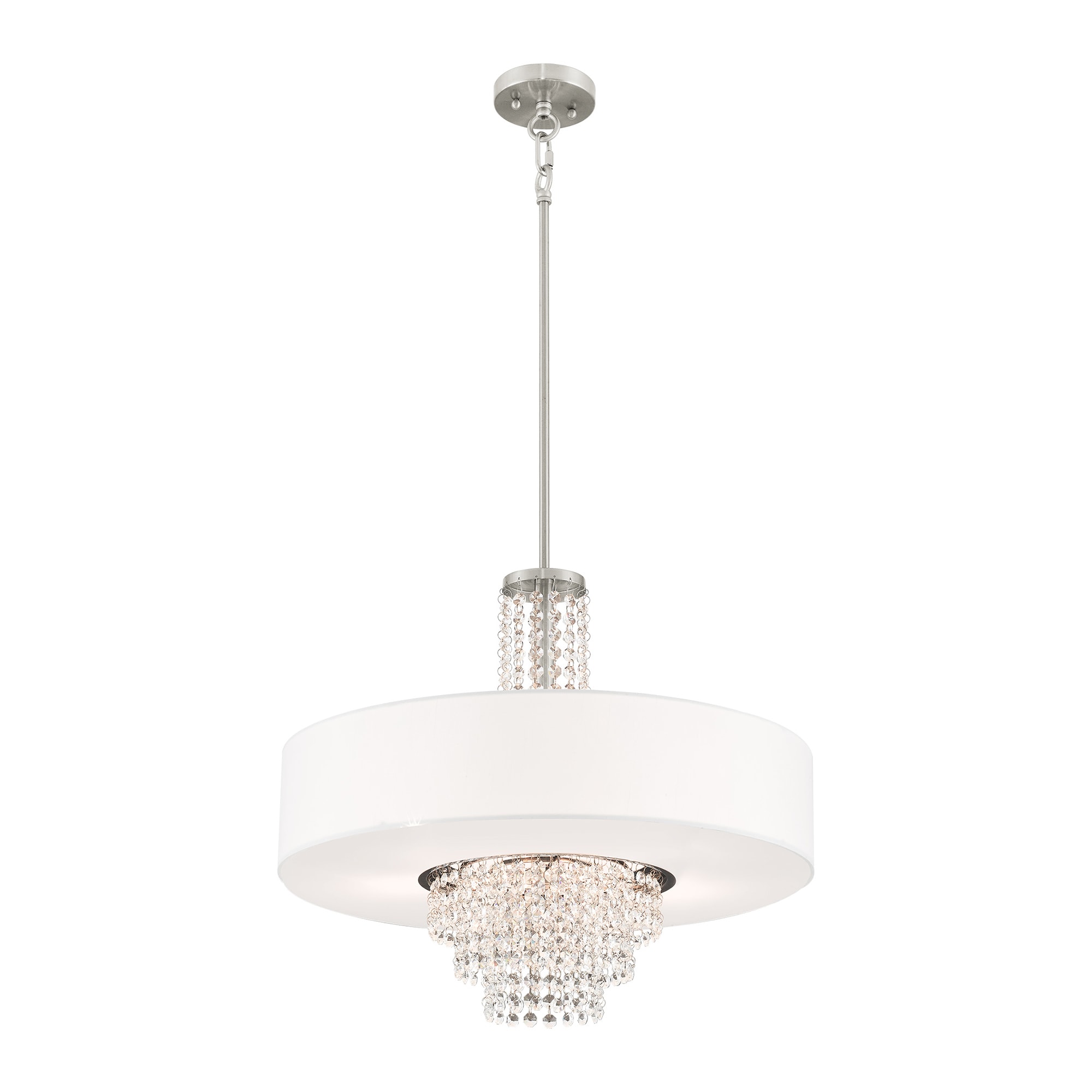 Carlisle Brushed Nickel Drum Pendant with Clear Crystals and Off-White Shade