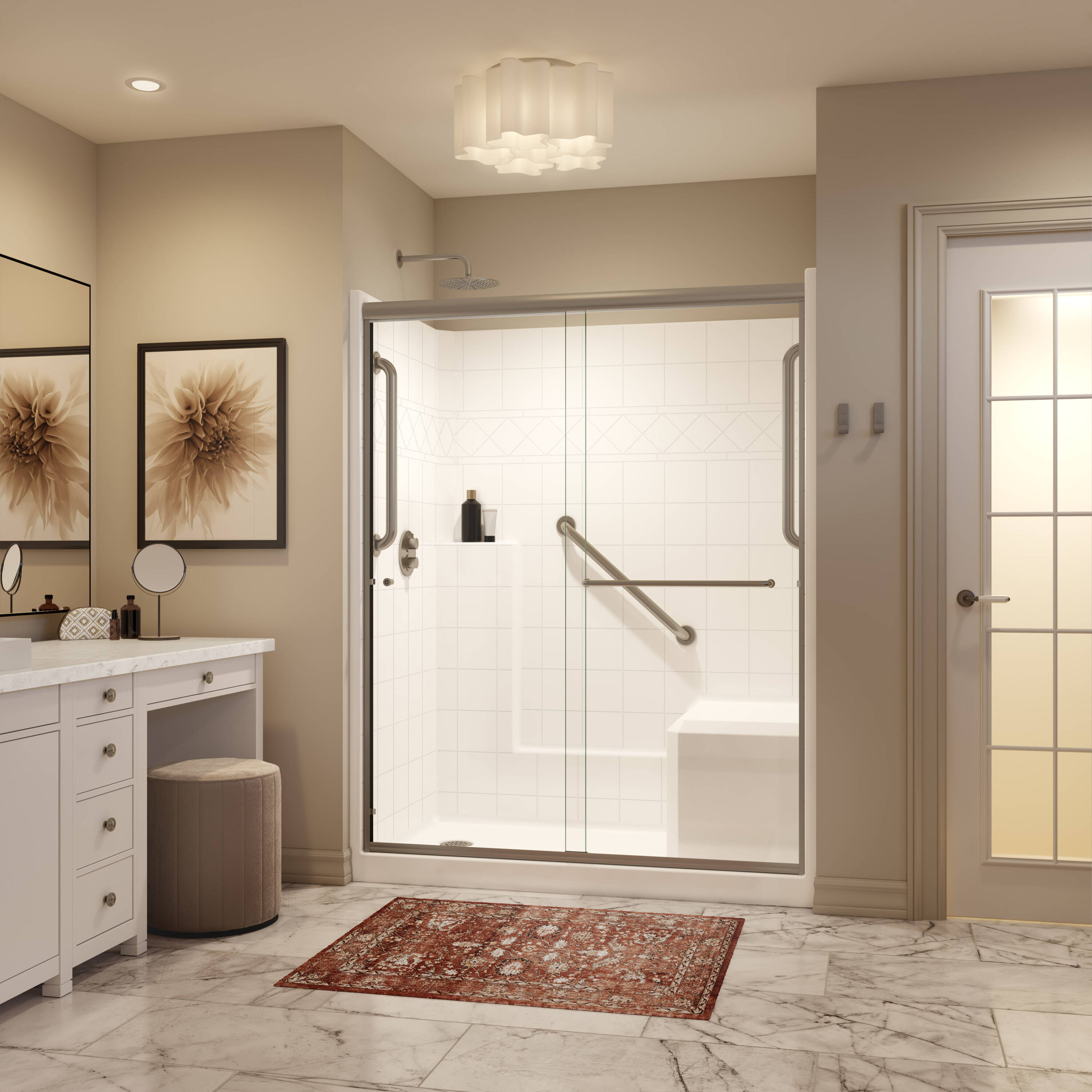Laurel Mountain LM6036SH1S1PRWB3 Fairfax 36-in W x 60-in L x 77-in H Rectangular One-piece shower kit ( Left Drain) with Integrated Seat Base, Wall, Door and Drain Included Brushed nickel Hardware Included