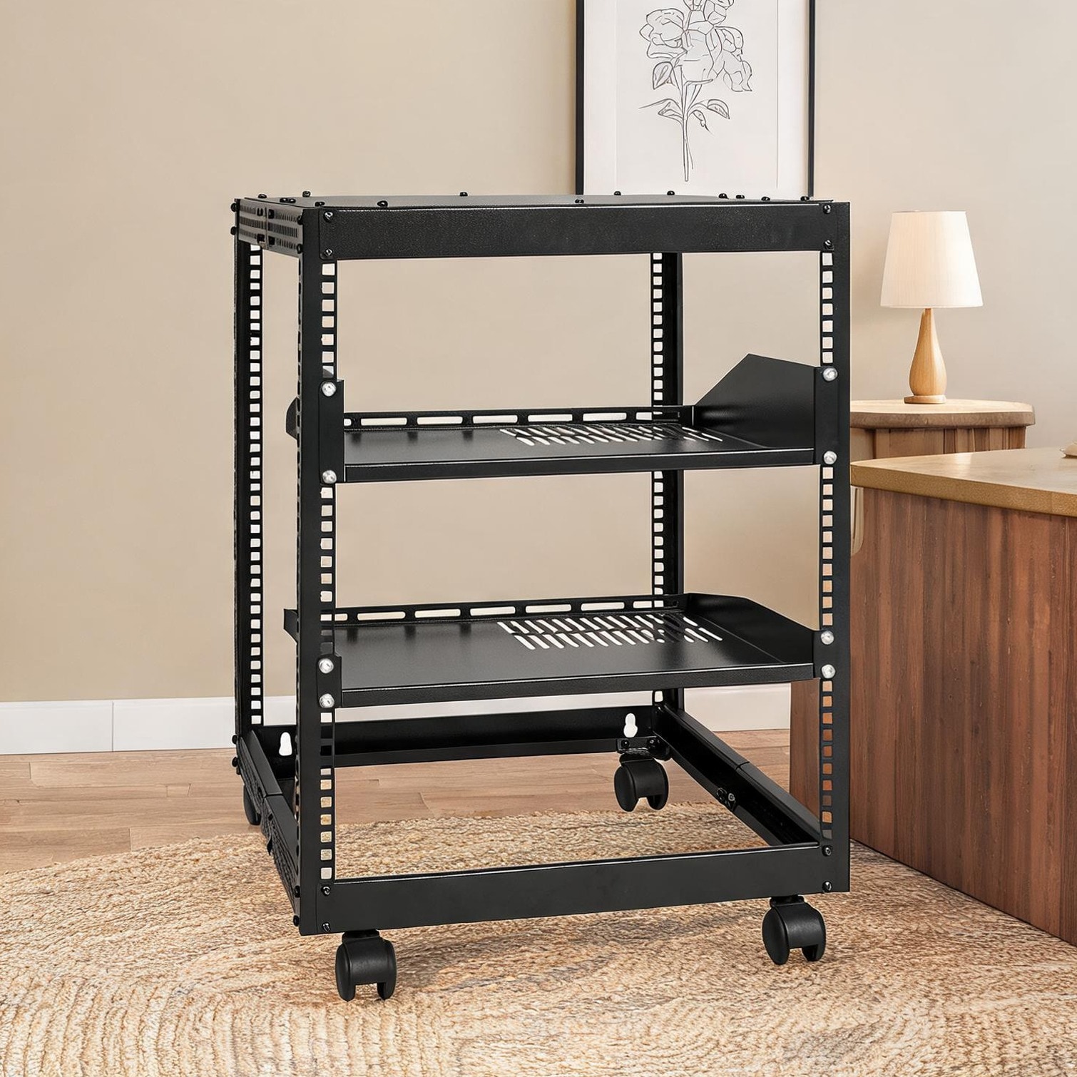 Wall Frame Rack Naturefalls Sleek black 12U open frame rack adjustable 23-40 in. depth ...