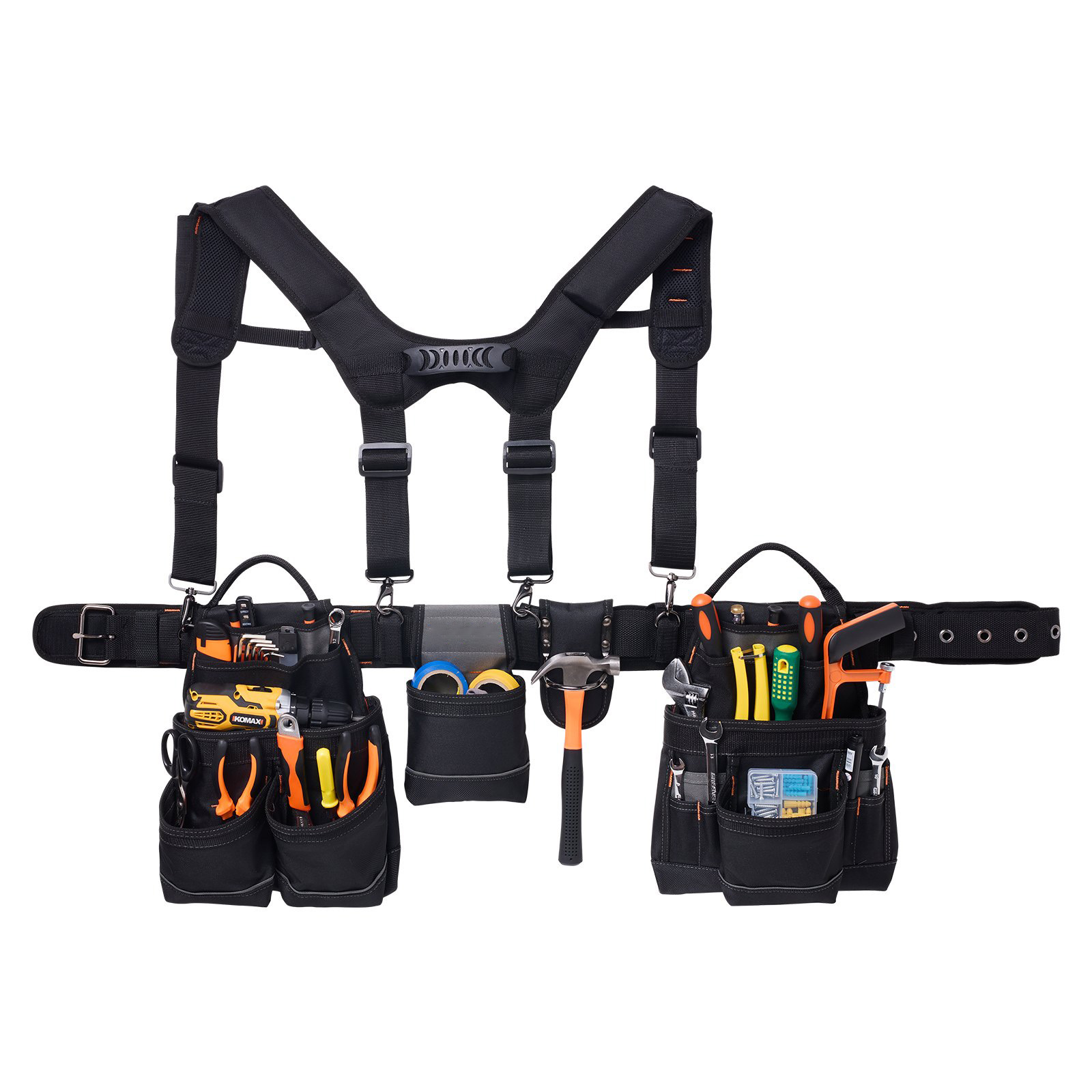 Mecale 19-Pocket 600D Polyester Tool Belt with Padded Suspenders Adjustable 31 to 51 in Black