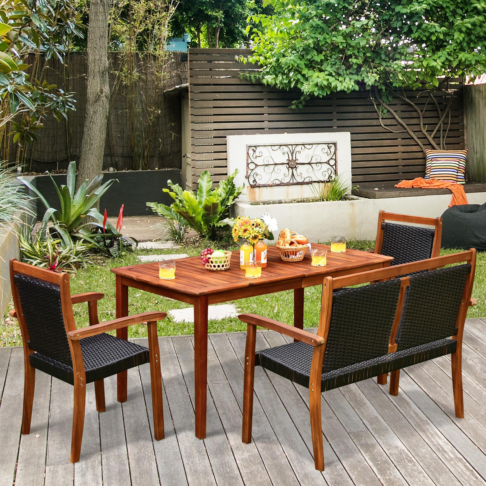 BABOOM BOM-W70441+-CO Patio Rattan Dining Furniture Set 4 -Piece Brown Rattan Patio Dining Set Wood Rectangle Table with 2 Stationary Chairs