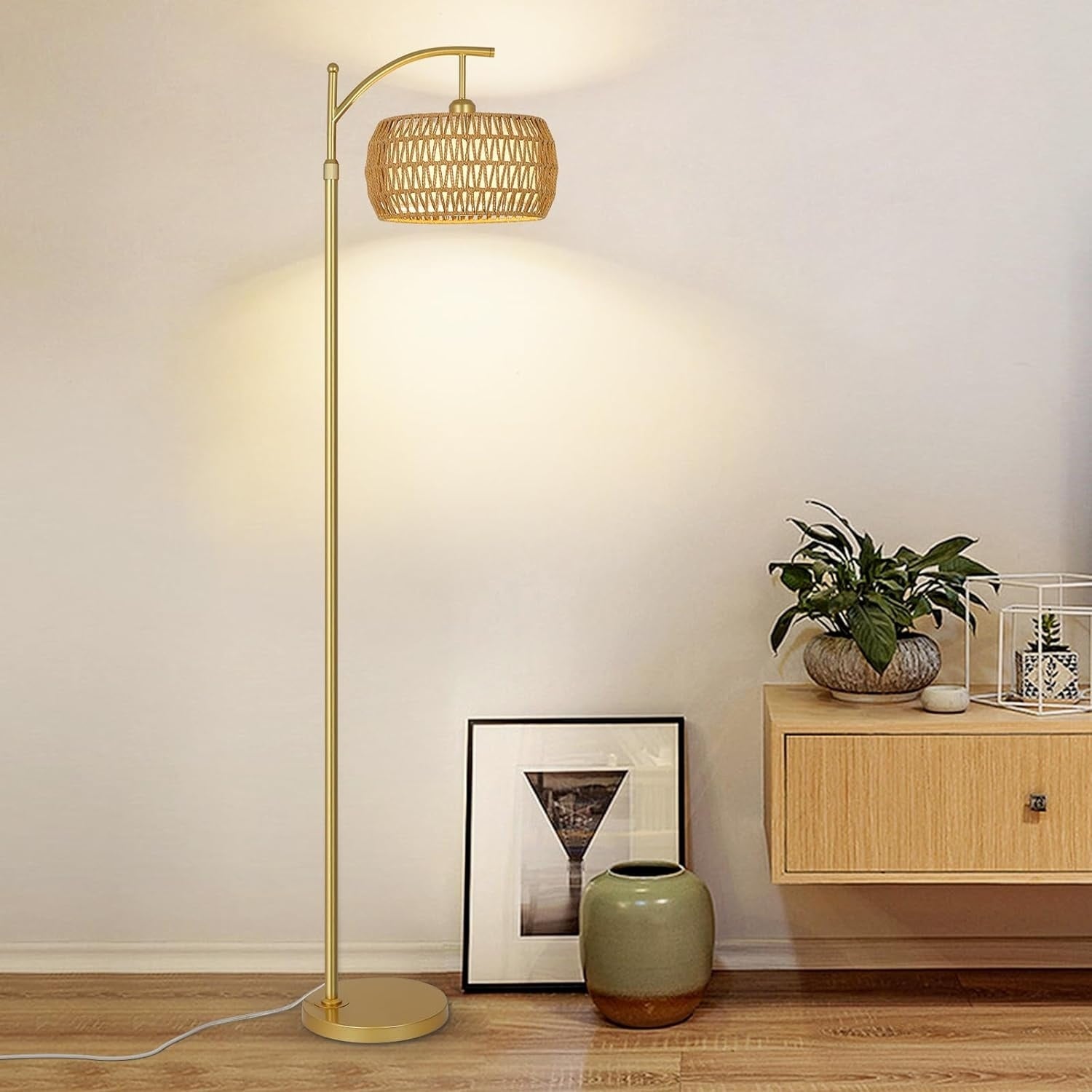 UOI - 65 to 73 inch Brown+Gold Rattan and Metal Arc Floor Lamp with 3 Color Temperatures and Step...