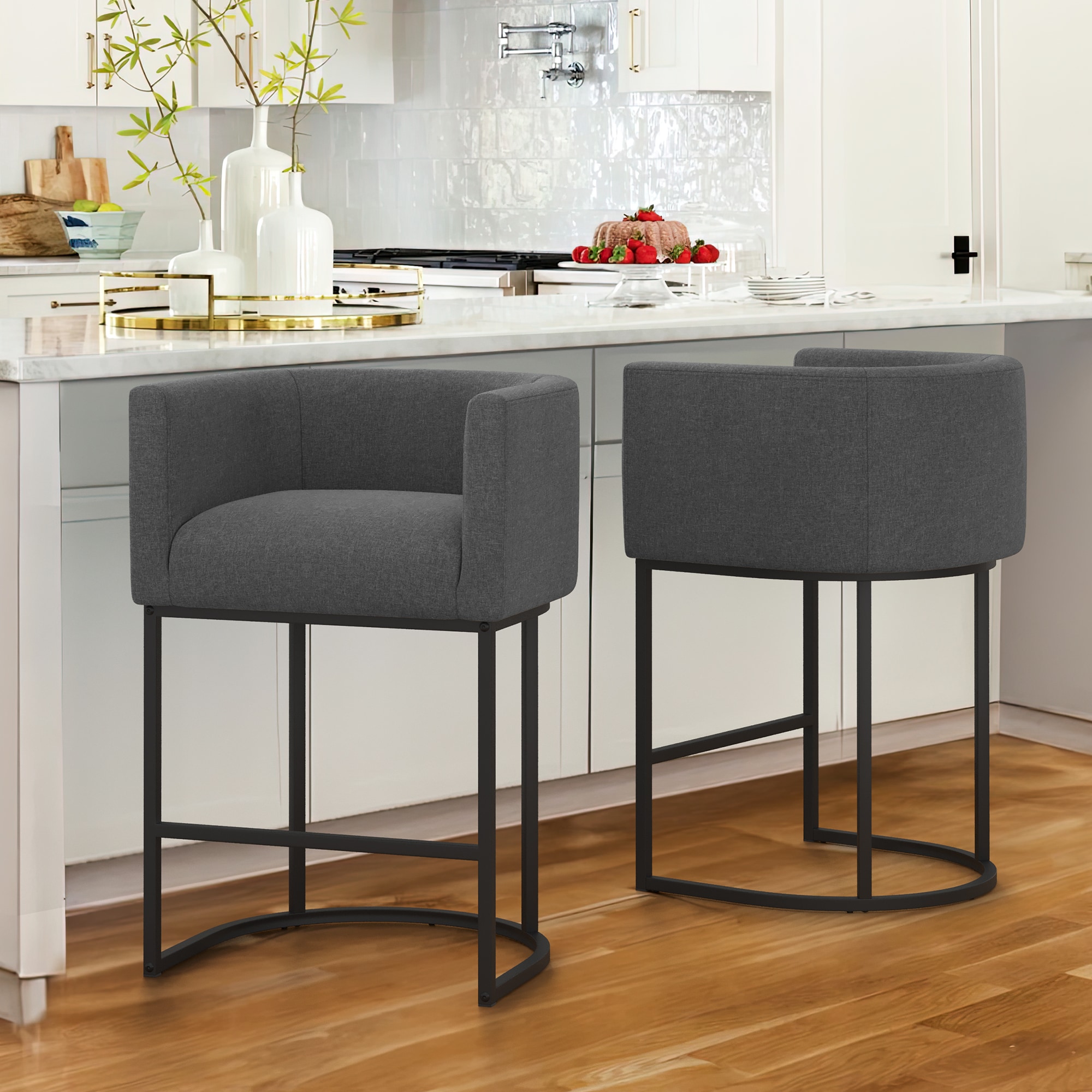 LUE BONA JXK-GR-2 Set of 2 Gray 27-in H Counter height (24-in to 27-in) Square Seat Upholstered Metal Back Bar Stool Back