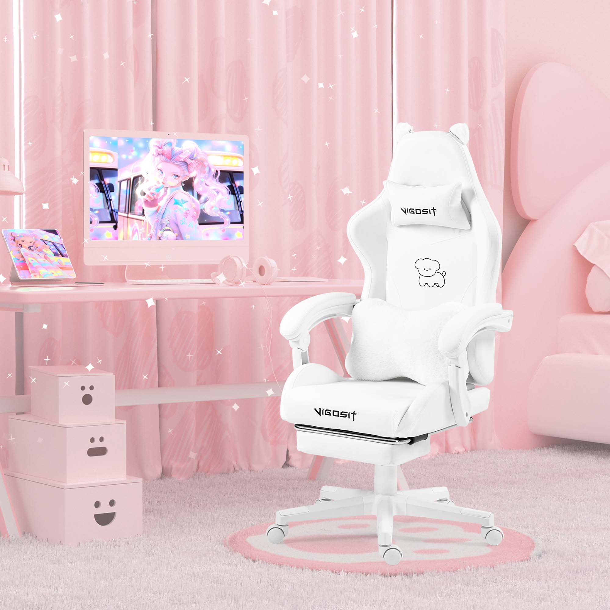 White Cute Height Adjustable Racing Gaming Chair with Cat Ears And Paw Lumbar Cushion Reclining C...