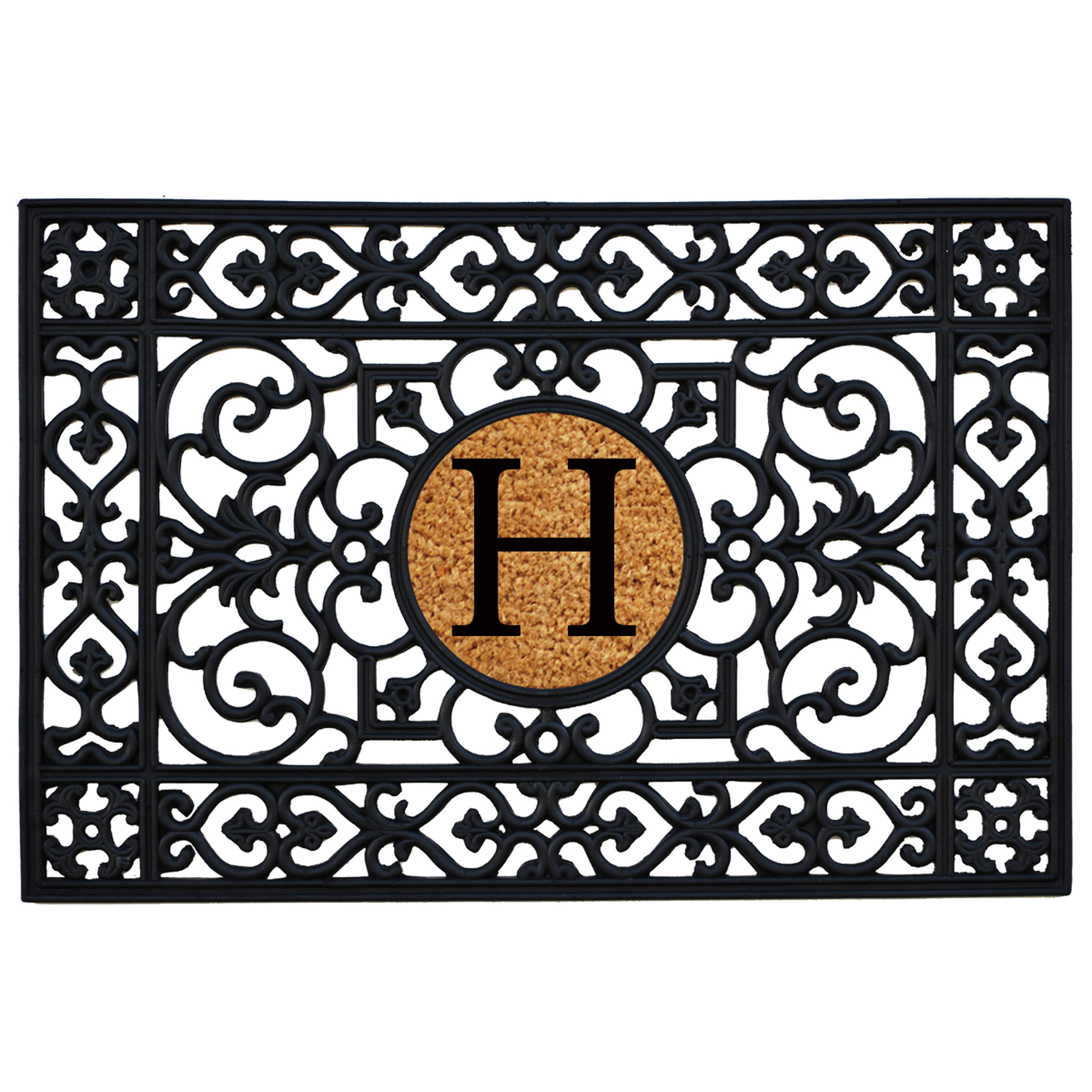 Black Rubber and Coir Monogrammed Outdoor Doormat, 24" x 36"