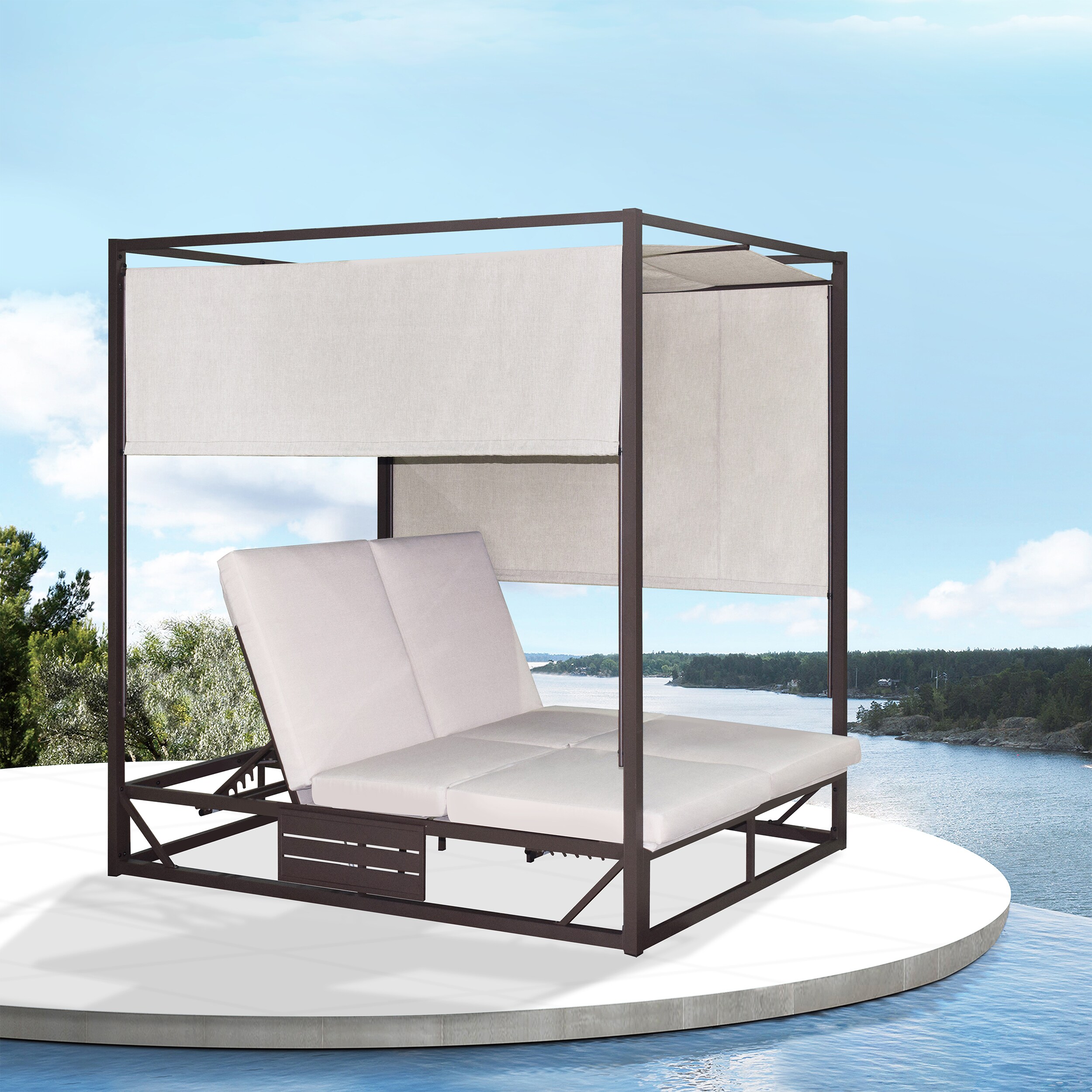 Outdoor Black Aluminum Frame Daybed with Beige Cushions