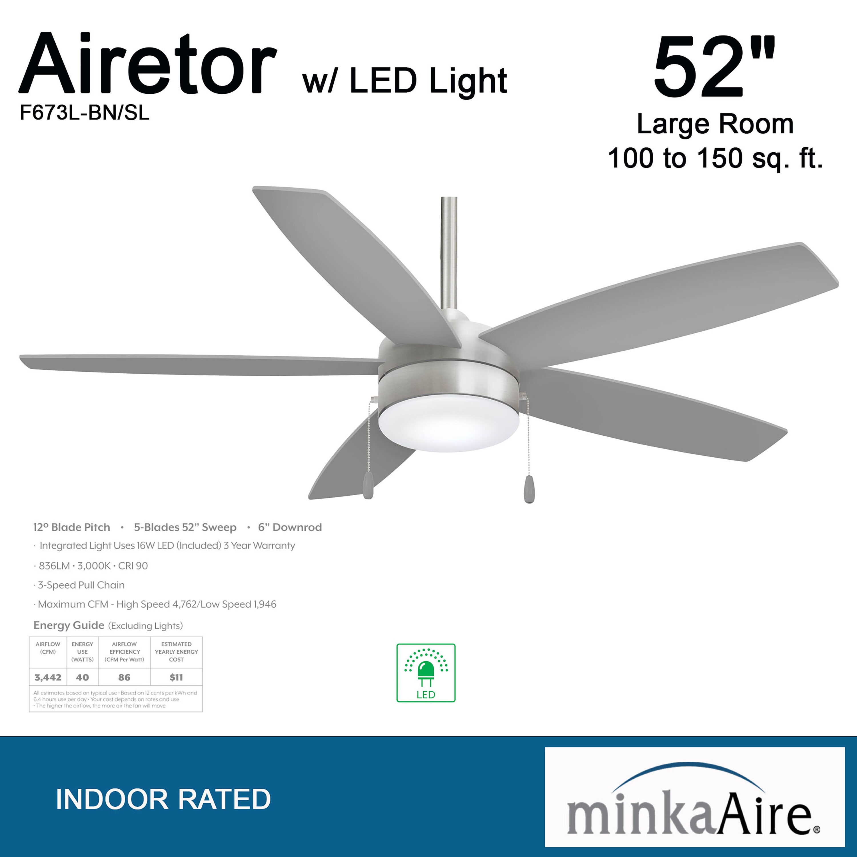 52'' Brushed Nickel Ceiling Fan with Silver Blades and LED Light
