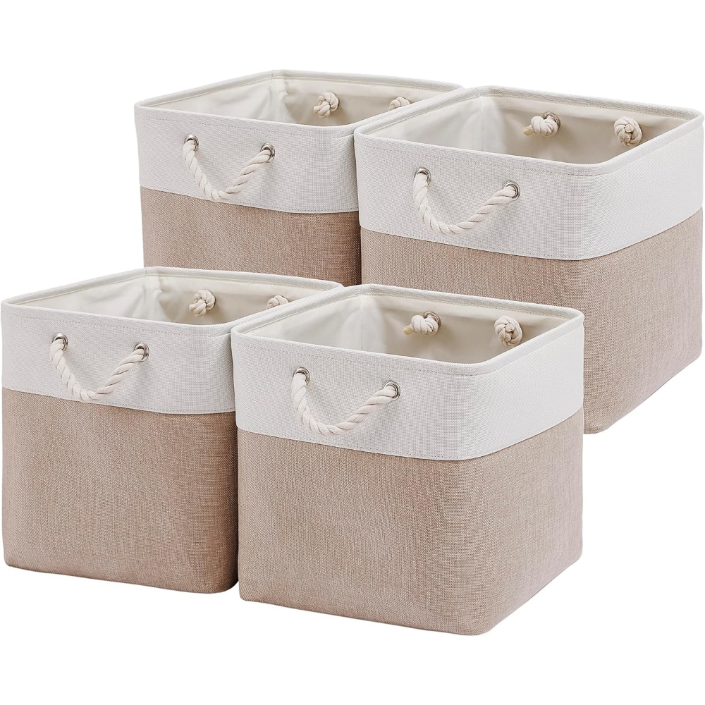 Baginizer  13 Inch Cube Storage Bins 4 Pack Large Collapsible Fabric Storage Bin with Ropes Foldable Storage Cubes for Home Office Closet Clothes Toys Organizer White Beige