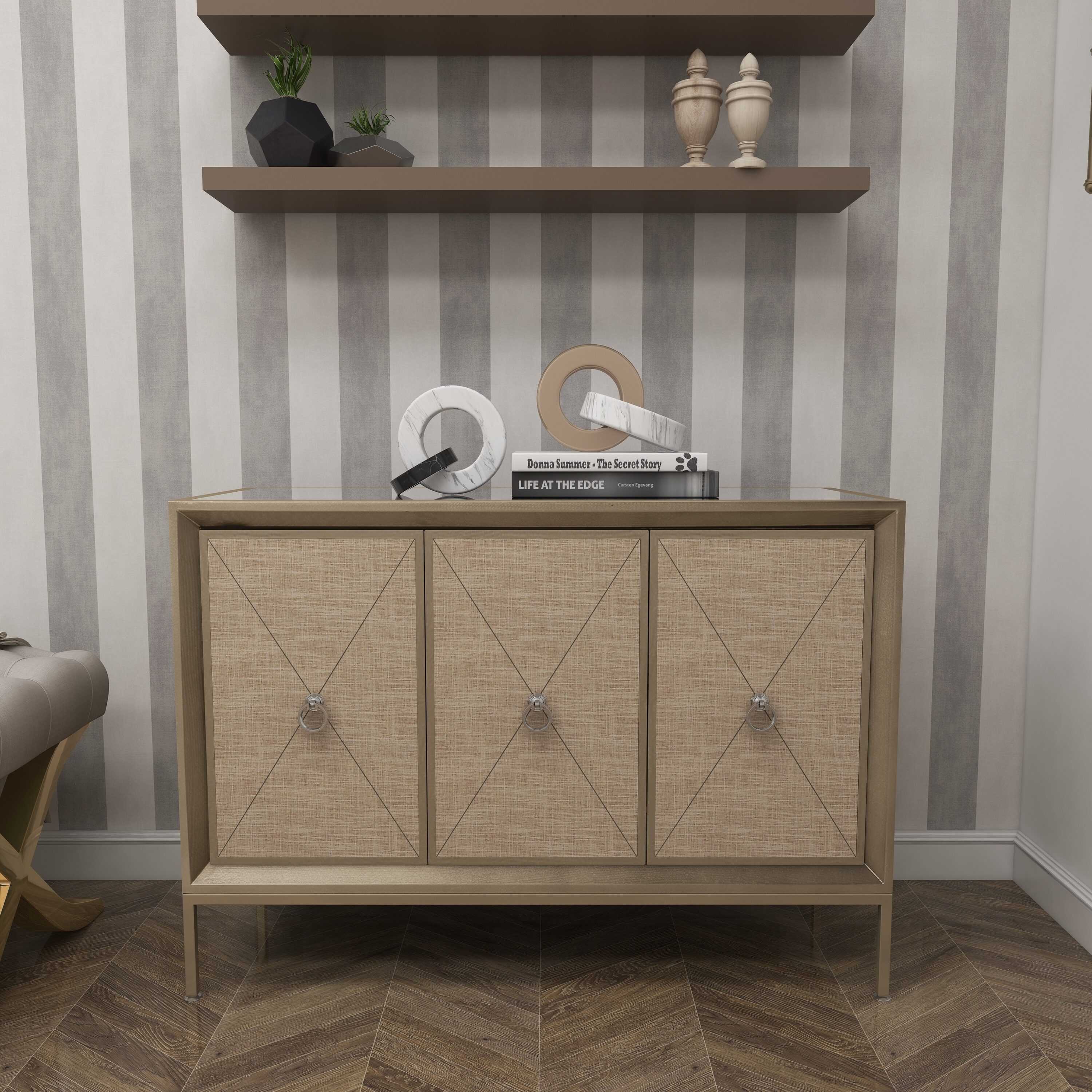 Gray Upholstered 3-Door Cabinet with Mirrored Top and Ring Handles