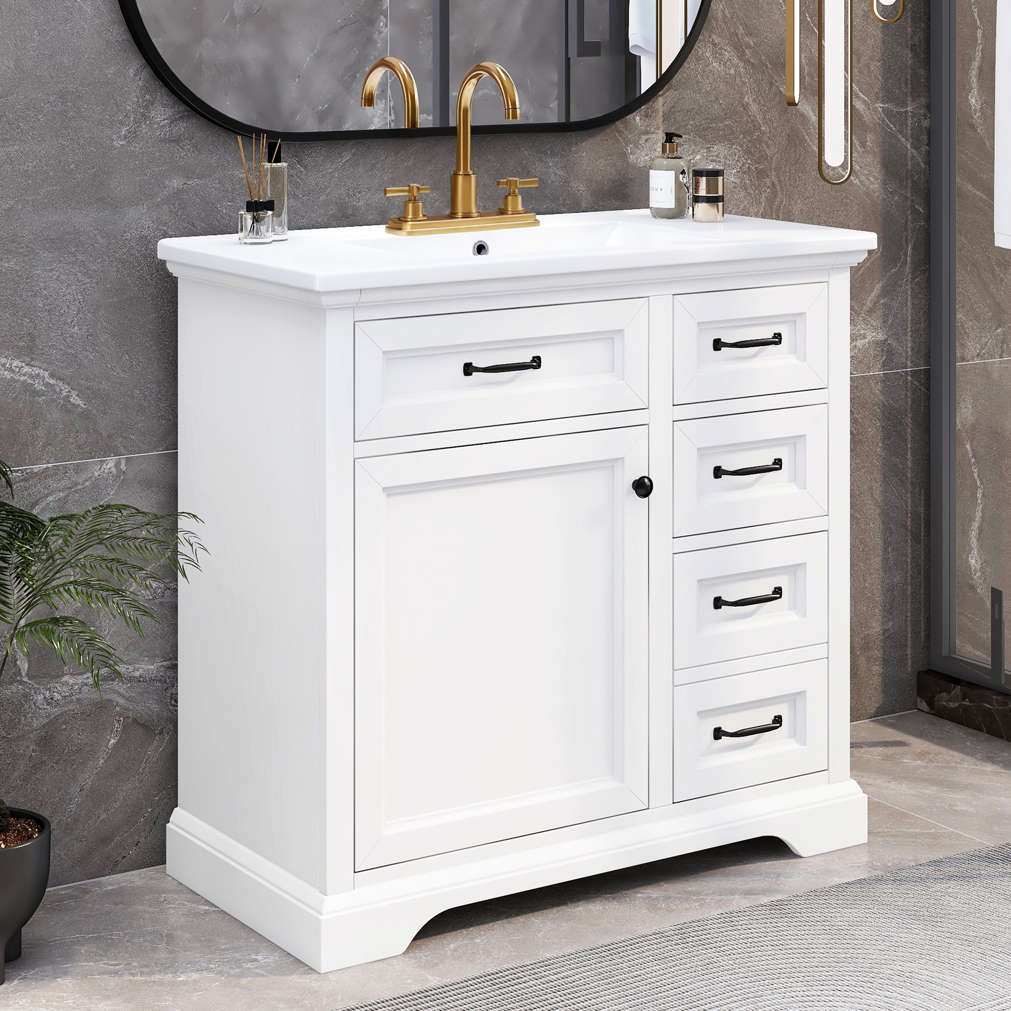 AAZJ Bathroom Vanities with Top 36-in White Single Sink Bathroom Vanity with White Ceramic Top