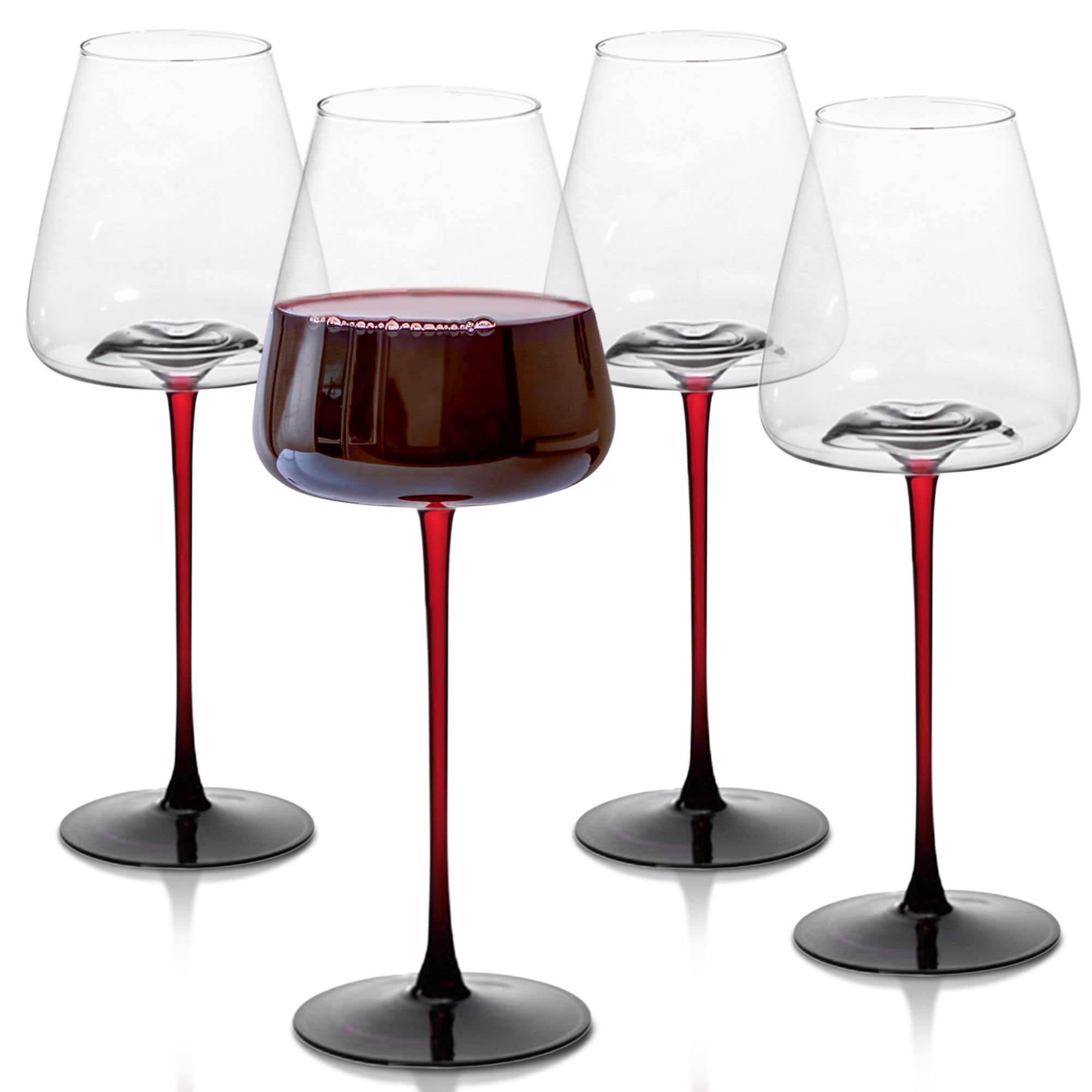 Lemonsoda  Red Stem Large Concave Wine Glasses - 16oz Set of 4 Elegant Glassware