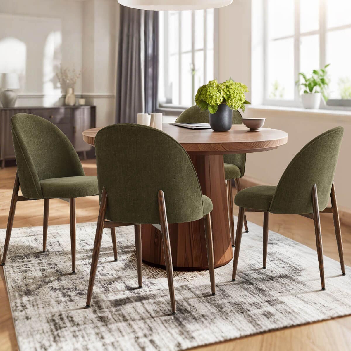 Maison Boucle Set of 4 Modern Dining Chairs with Green Fabric Seat and Walnut Look Metal Legs for Dining Room