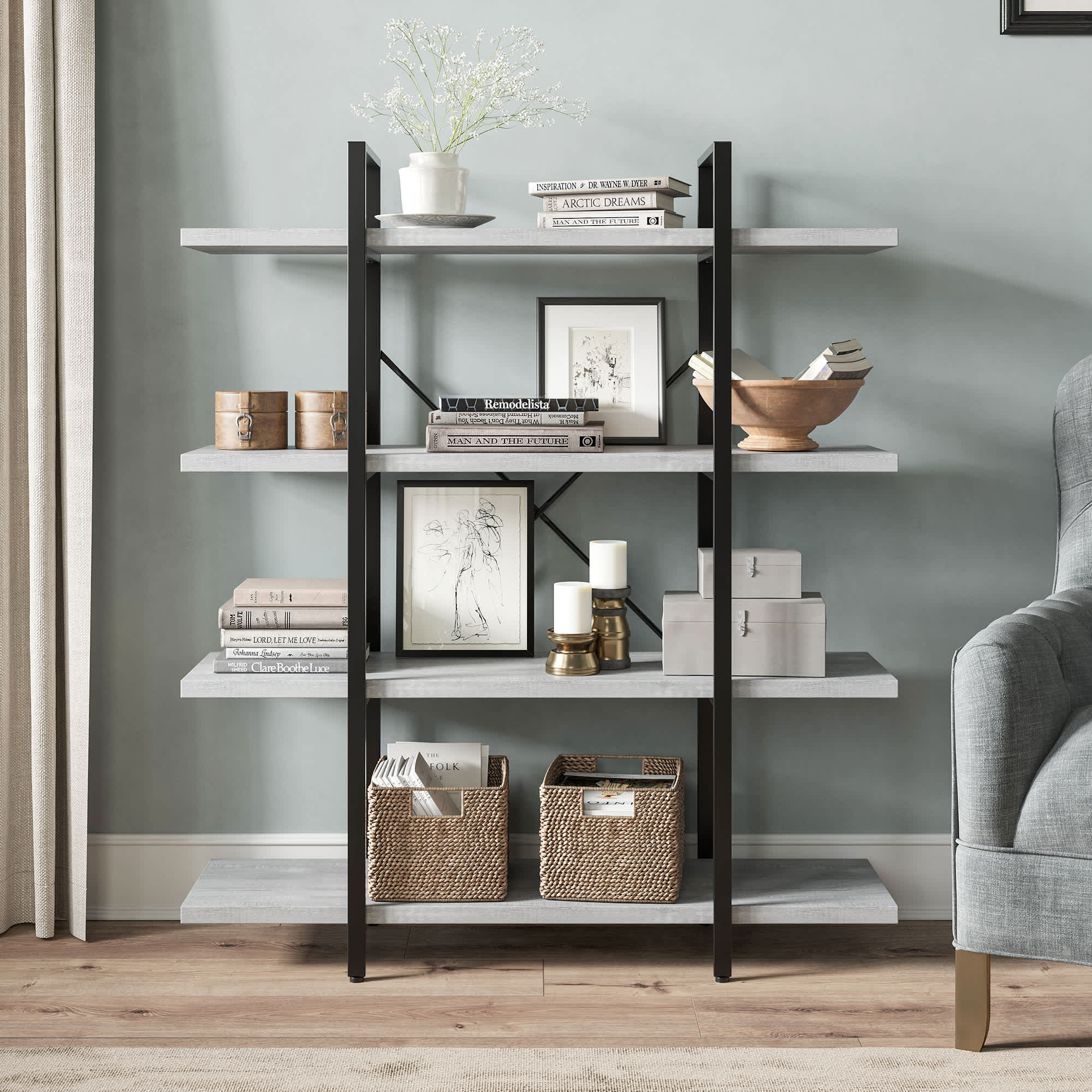 Belleze 014-HG-44804-STG 4 Tier Modern Rustic Industrial Bookshelf Open Wide Office Etagere Book Shelf Stone Grey