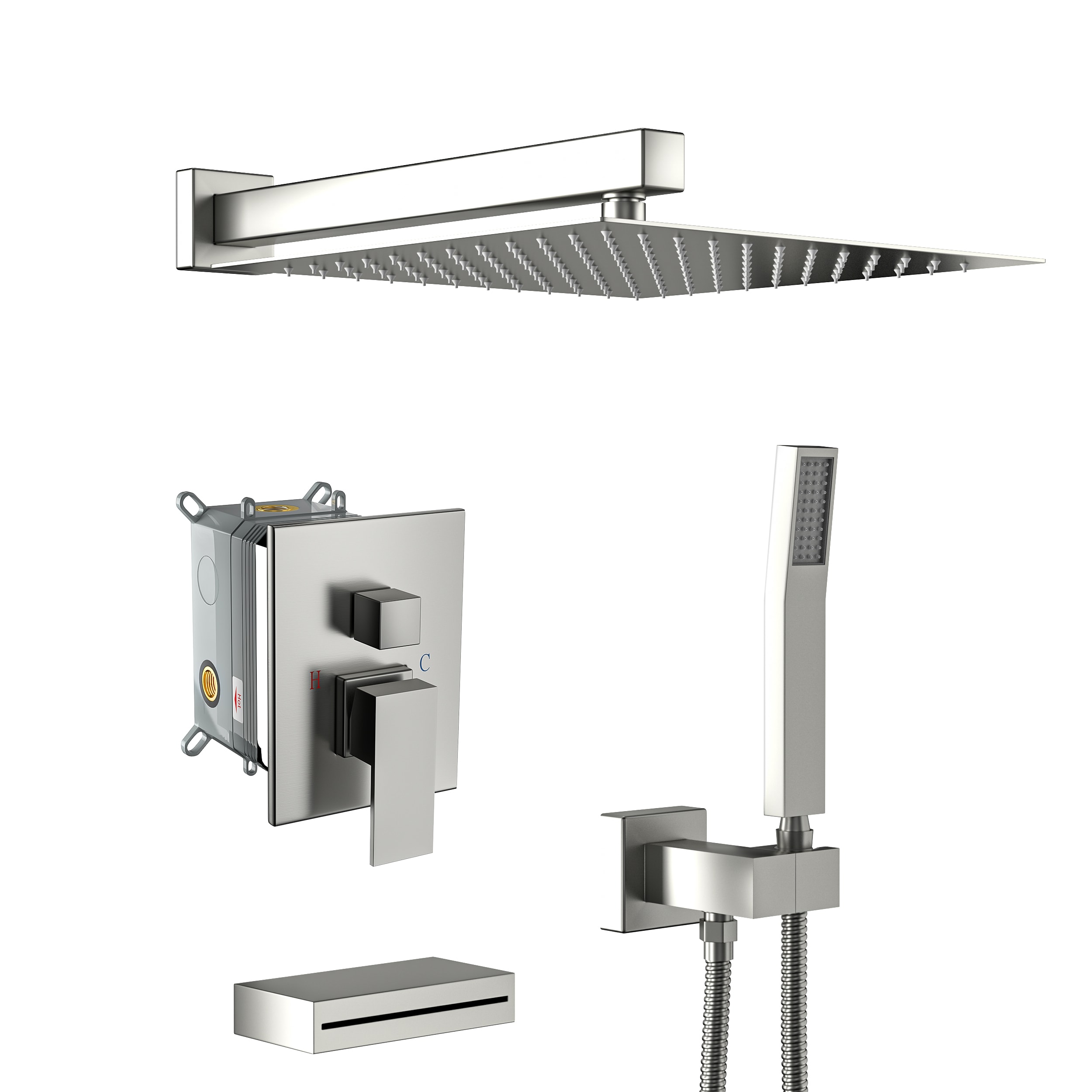 Brushed Nickel Dual Shower Head System with Handheld and Rainfall Feature