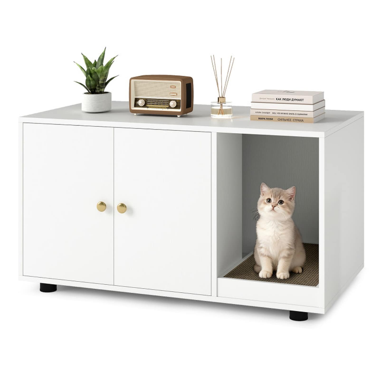 SUGIFT - 35.5-in Wooden Cat Litter Box Enclosure with Removable Scratching Board Double Doors 88-...