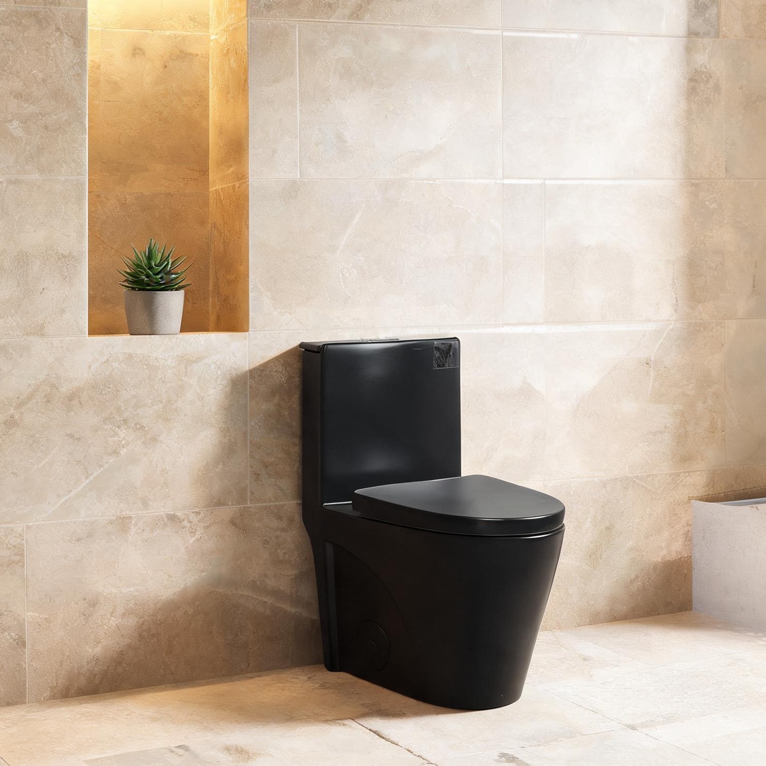 Naturefalls - Sleek Black One-Piece Elongated Toilet with Dual Flush and Soft Close Seat for Mode...